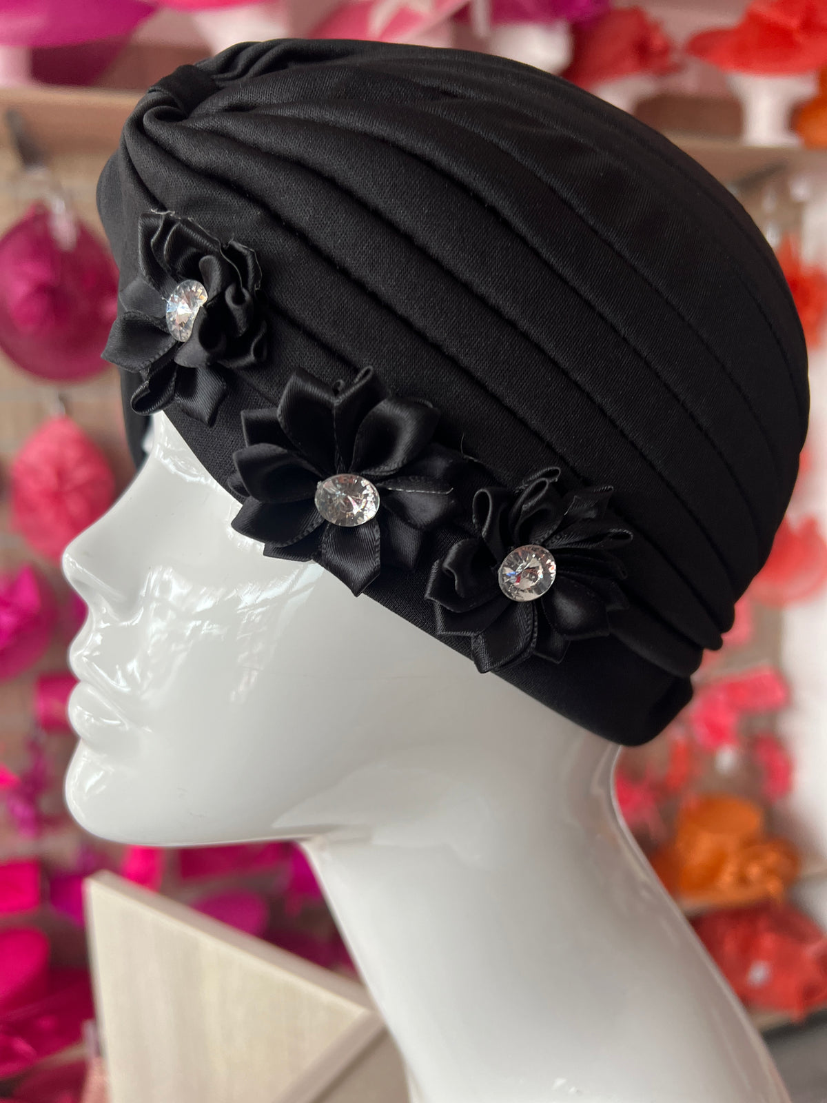 Black Turban With 3 Embellished Flowers-Fascinators Direct