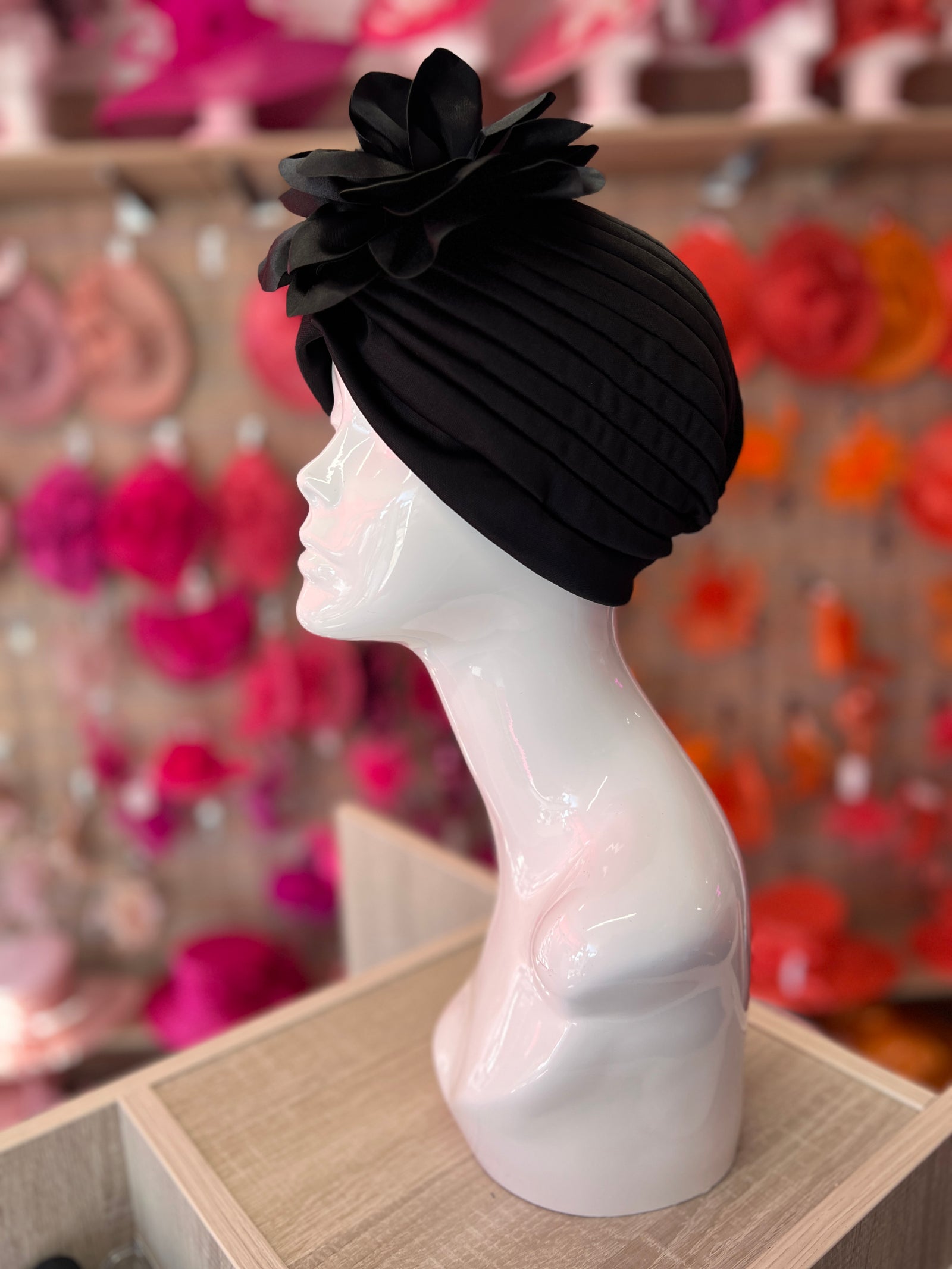 Black Turban With Large Satin Flower-Fascinators Direct