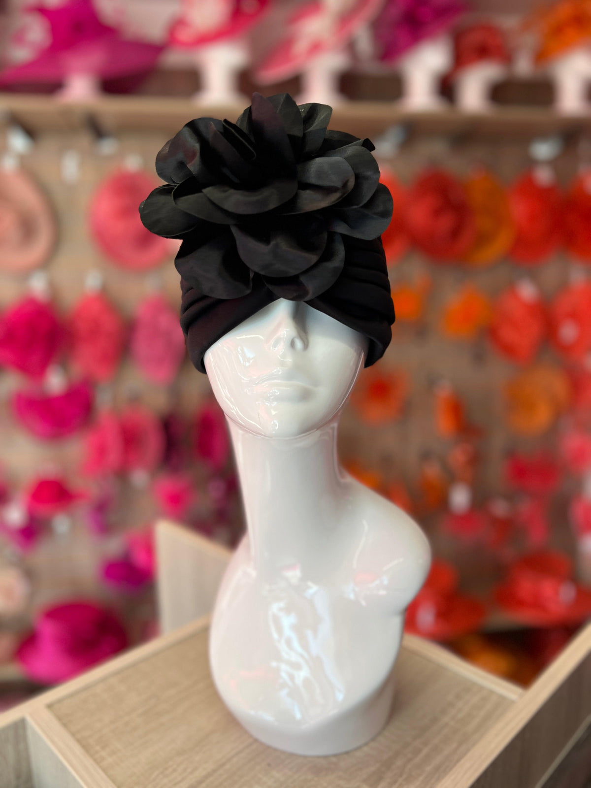 Black Turban With Large Satin Flower-Fascinators Direct