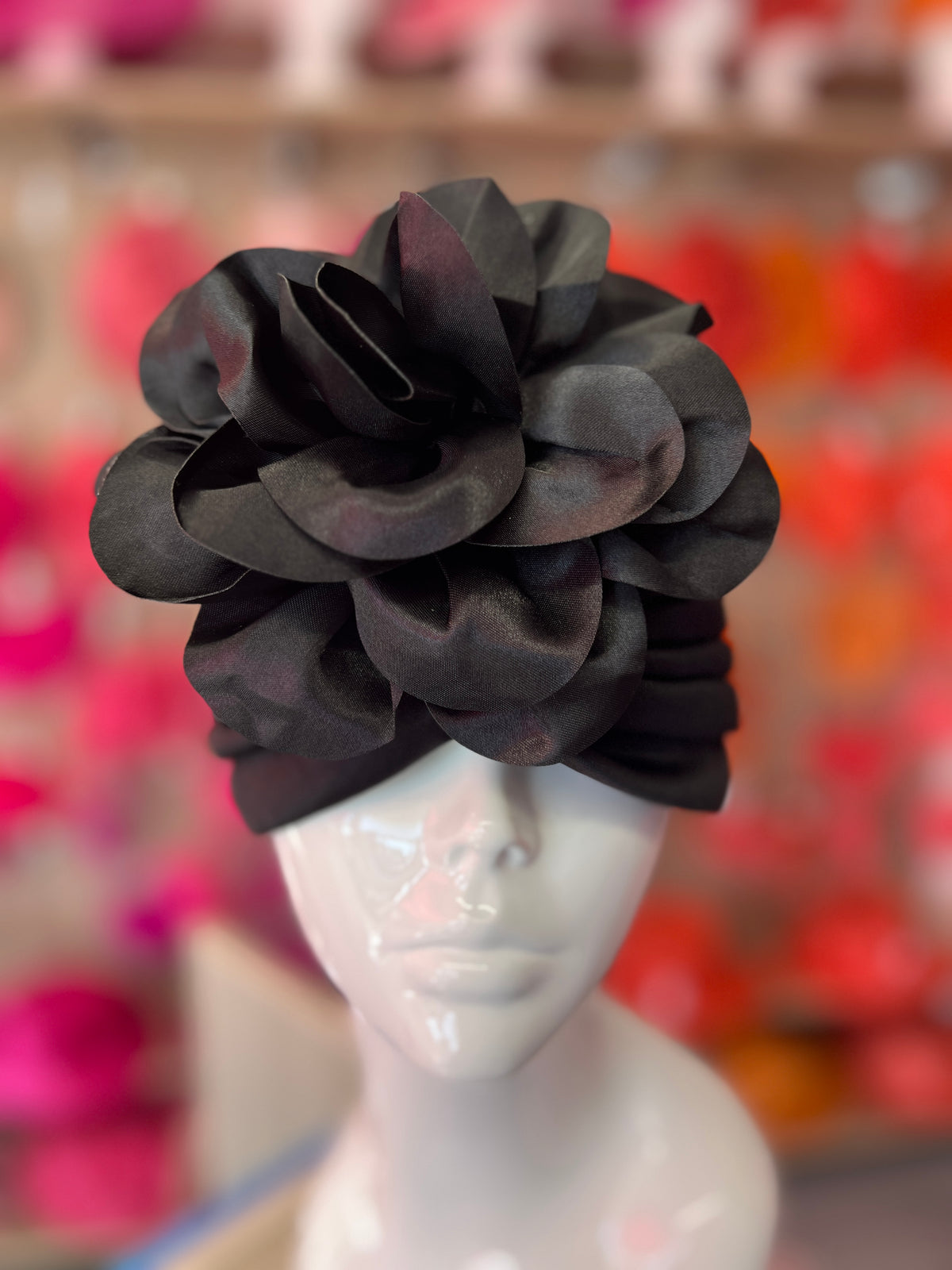 Black Turban With Large Satin Flower-Fascinators Direct