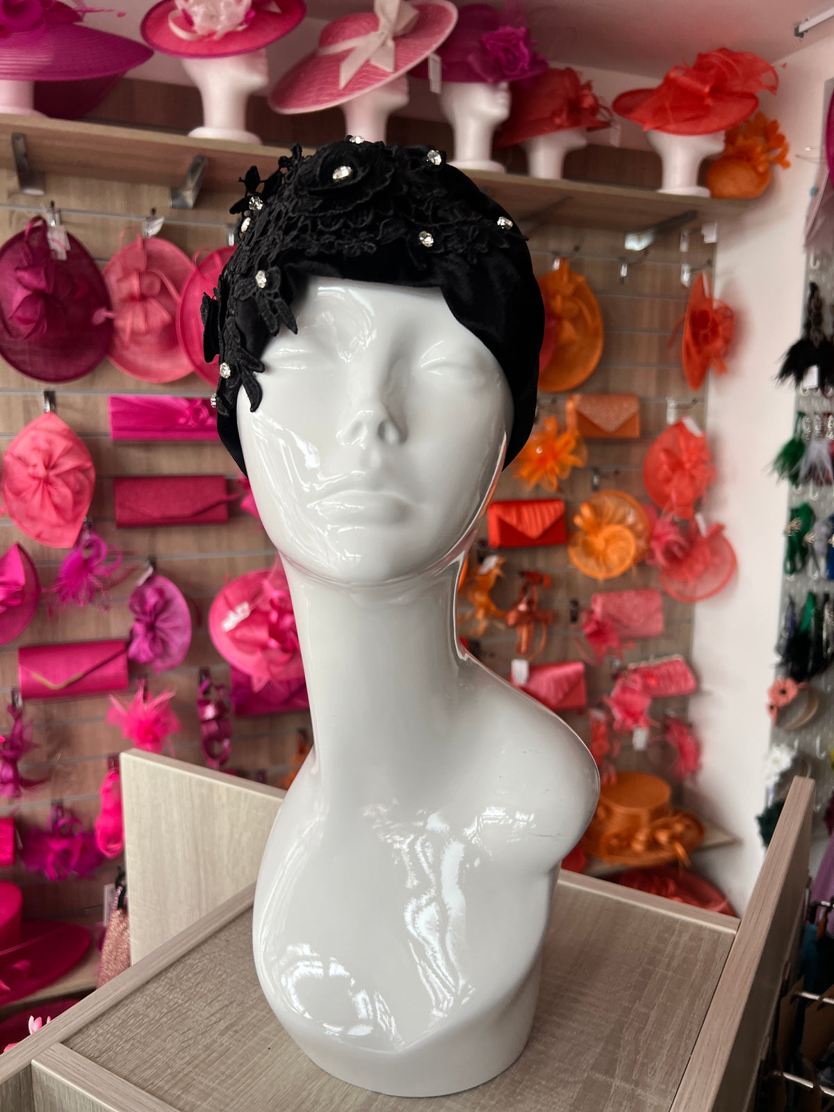 Black Velvet Turban With Lace Effect Flowers &amp; Diamantes-Fascinators Direct