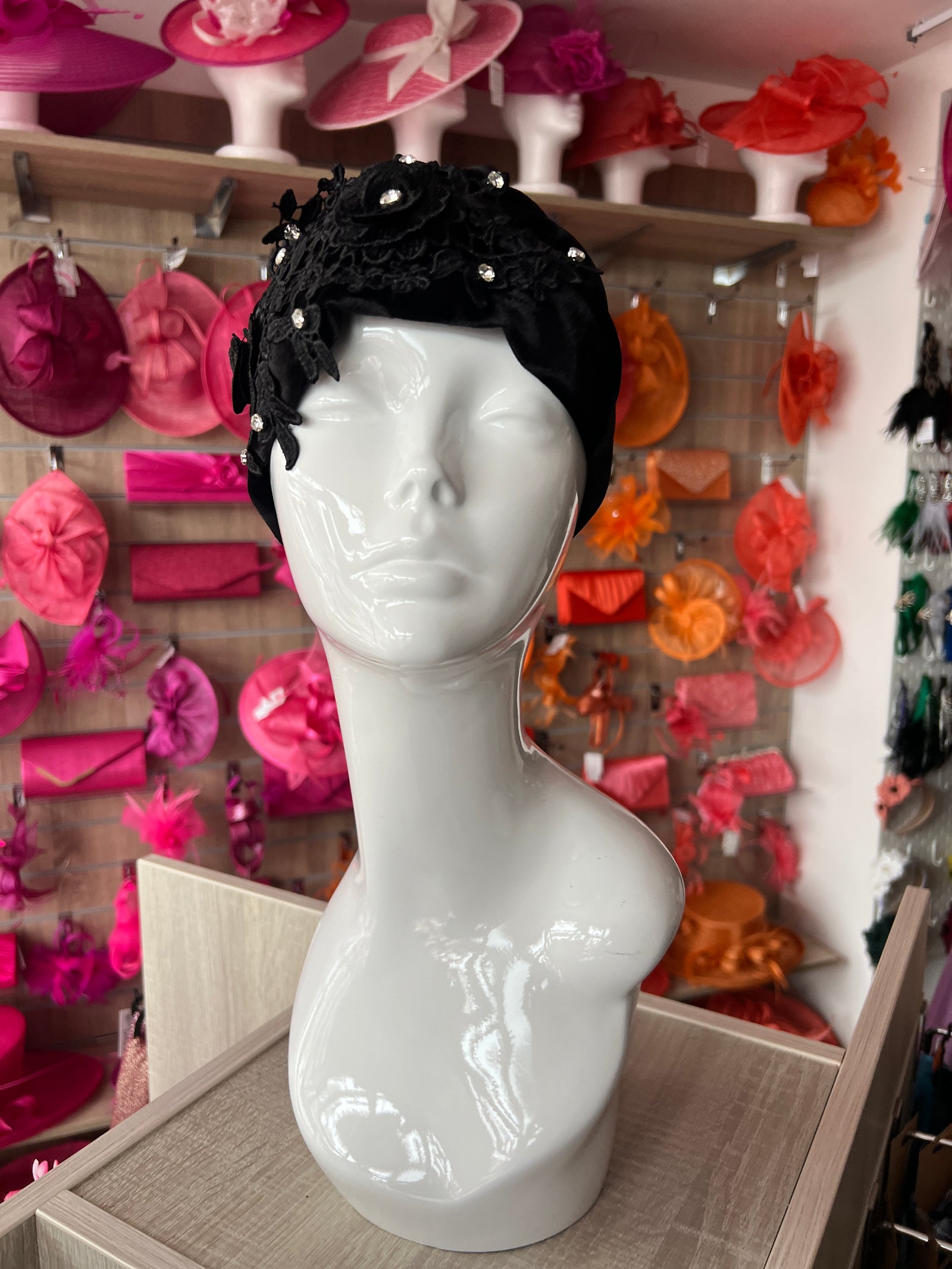 Black Velvet Turban With Lace Effect Flowers & Diamantes-Fascinators Direct