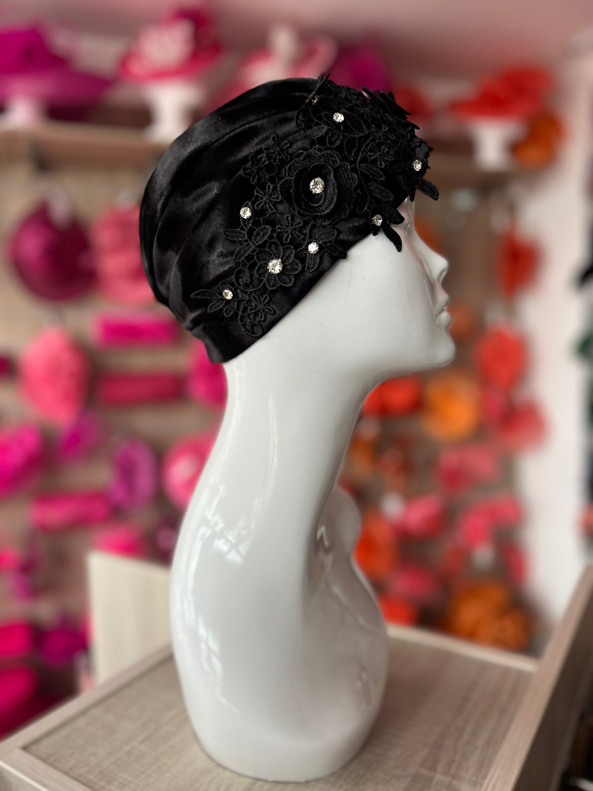 Black Velvet Turban With Lace Effect Flowers &amp; Diamantes-Fascinators Direct