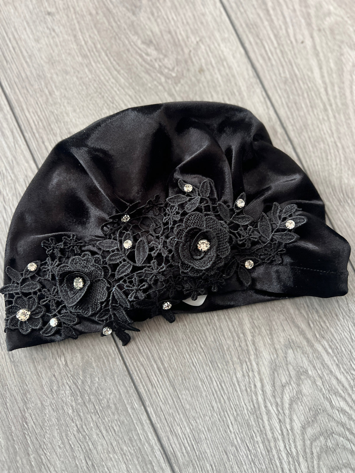 Black Velvet Turban With Lace Effect Flowers &amp; Diamantes-Fascinators Direct