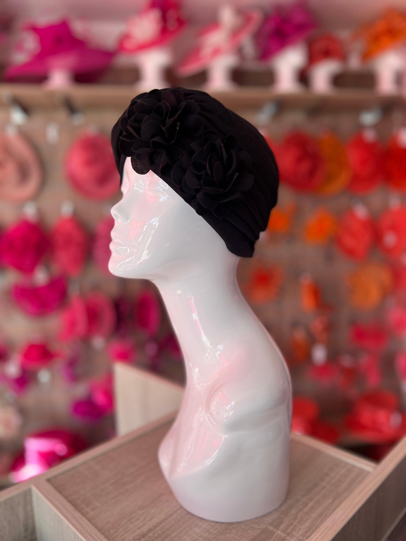 Black Vintage Double Flower Turban Hat-Fascinators Direct