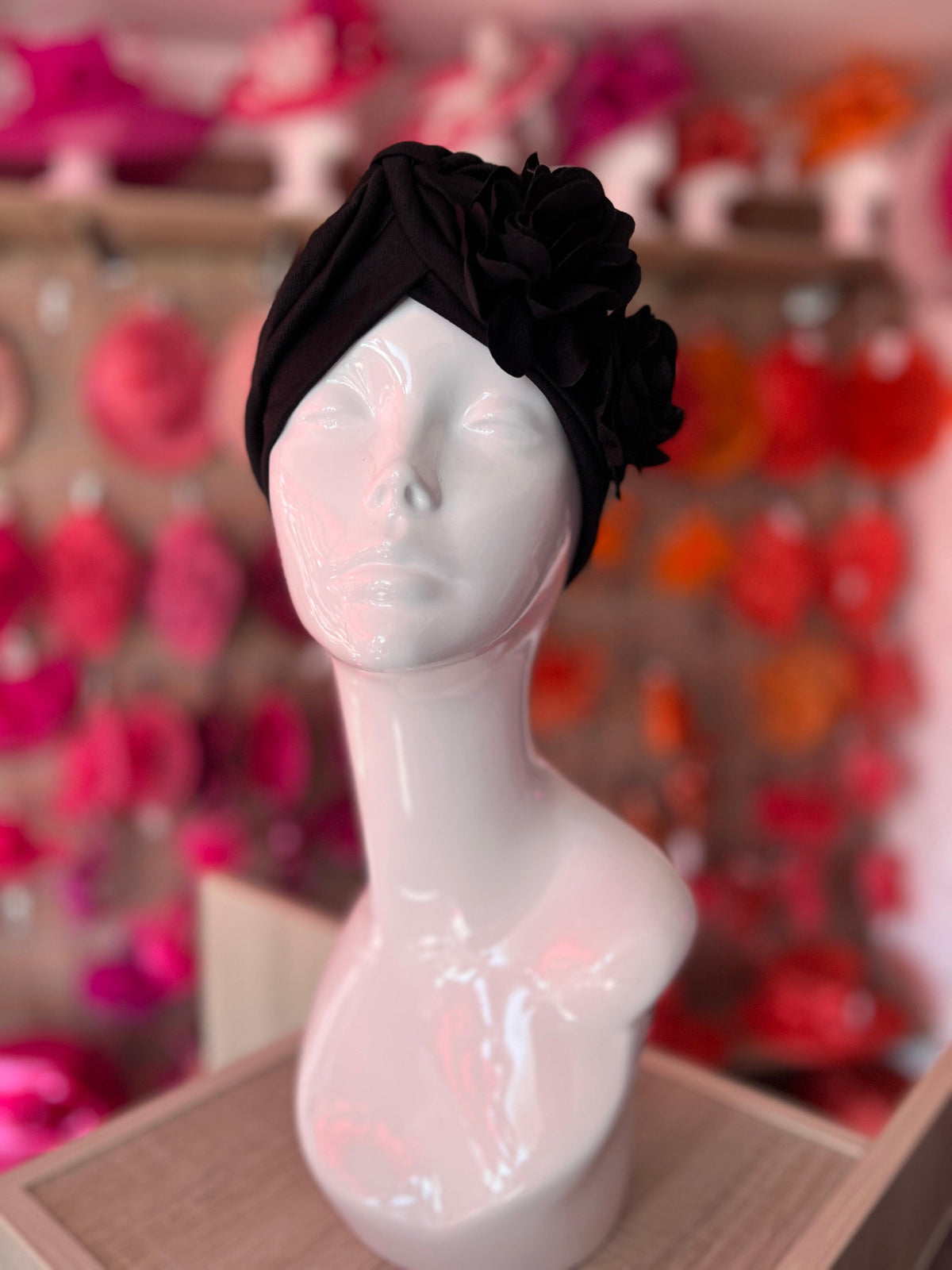 Black Vintage Double Flower Turban Hat-Fascinators Direct