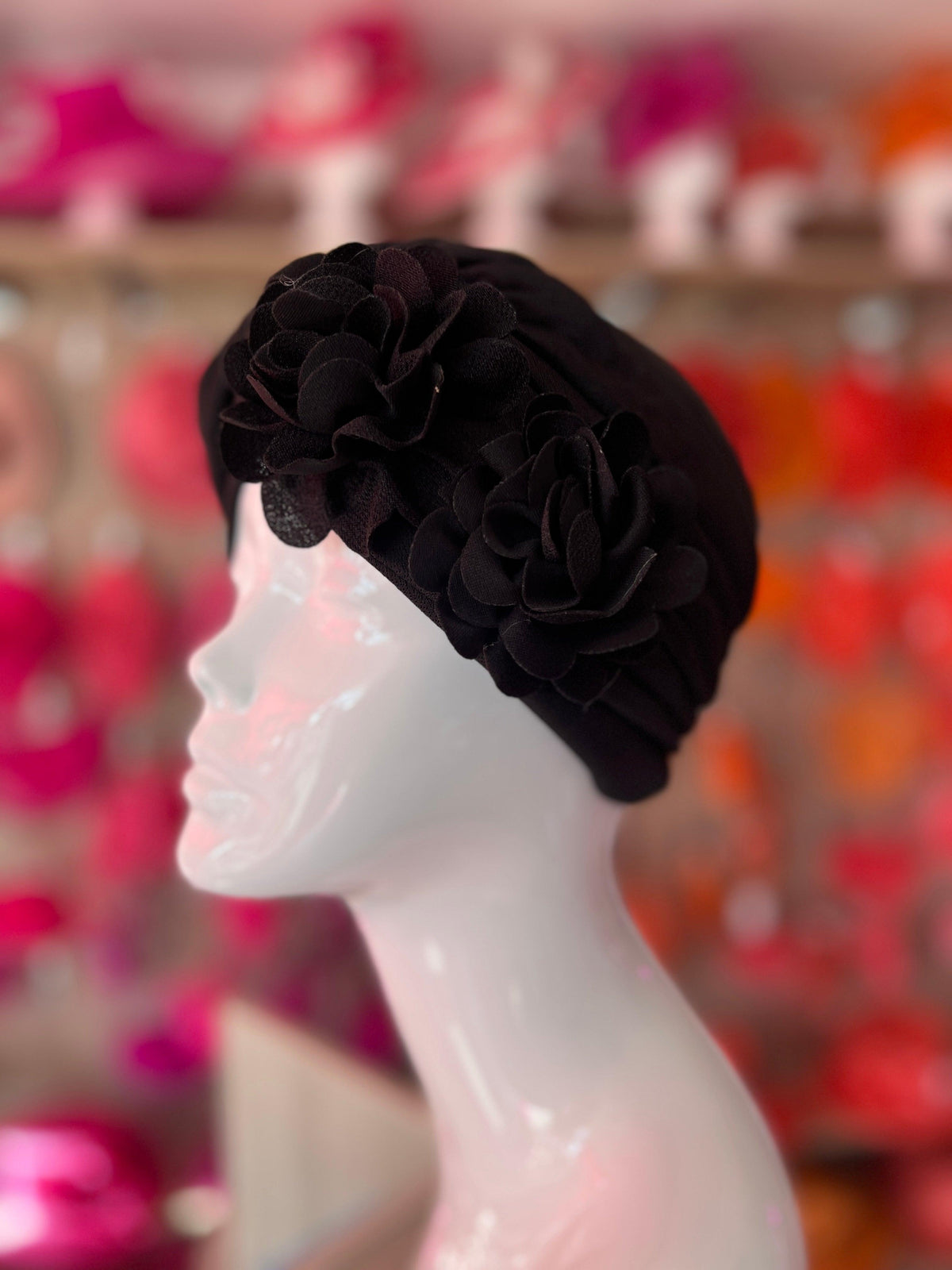 Black Vintage Double Flower Turban Hat-Fascinators Direct