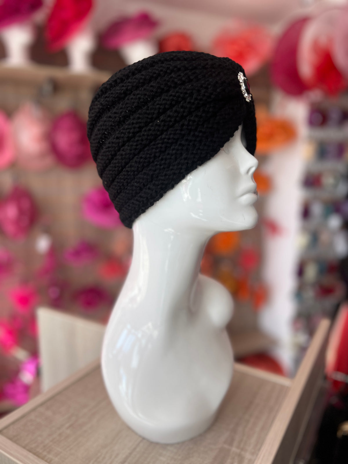 Black Winter Turban Hat With Embellishment-Fascinators Direct