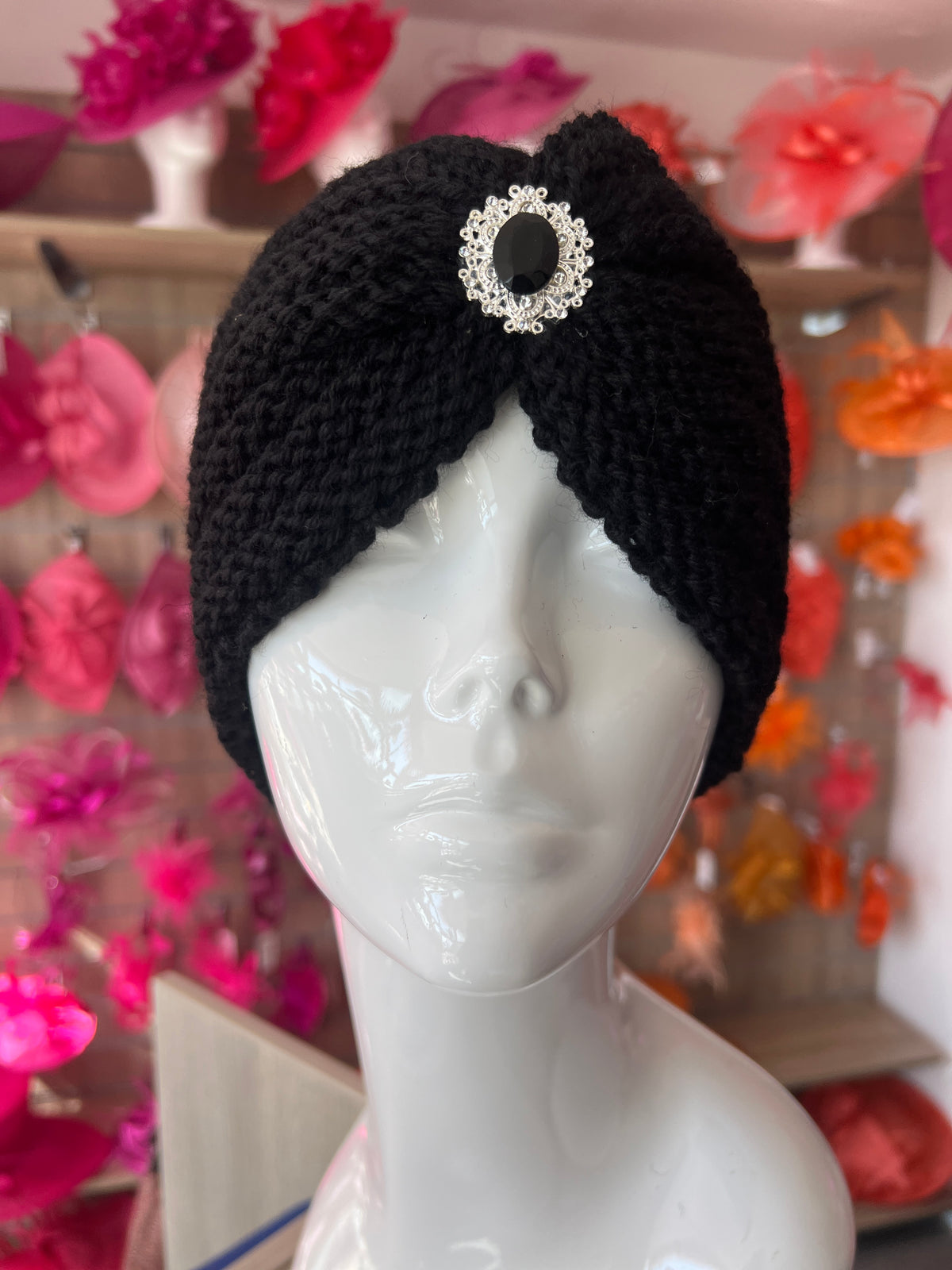 Black Winter Turban Hat With Embellishment-Fascinators Direct
