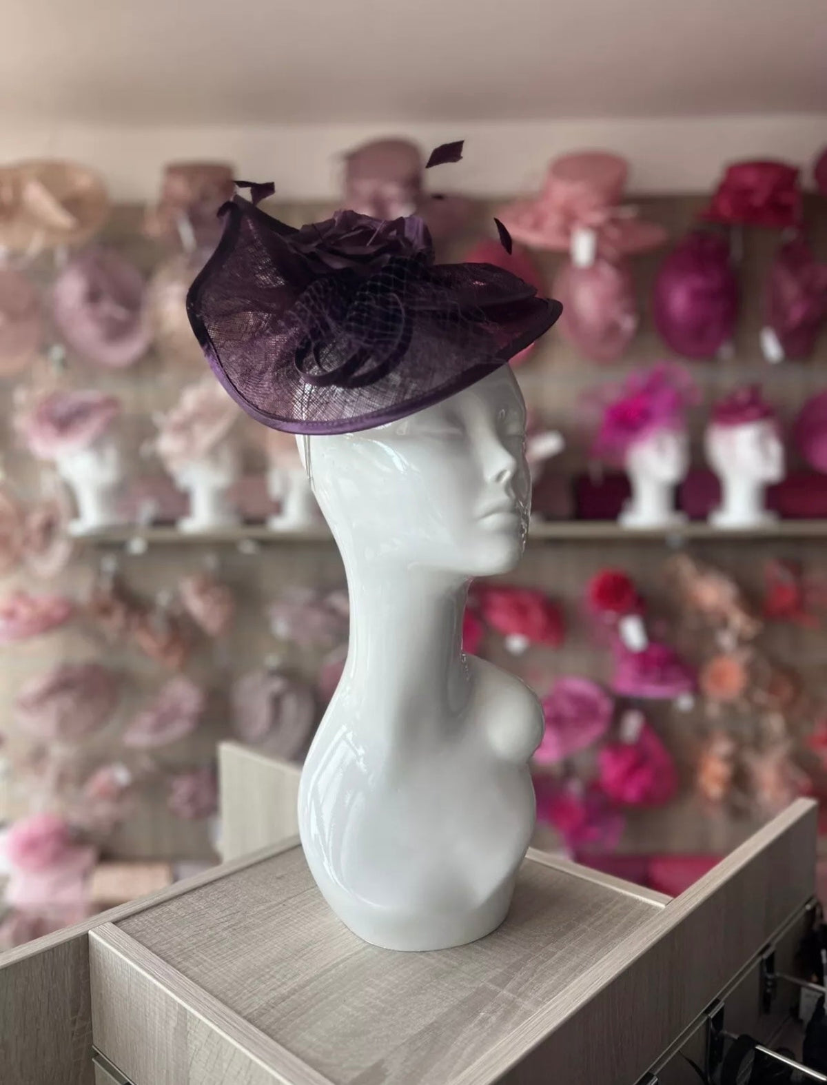 Blackcurrant Disc Fascinator with Fabric Rose &amp; Netting-Fascinators Direct