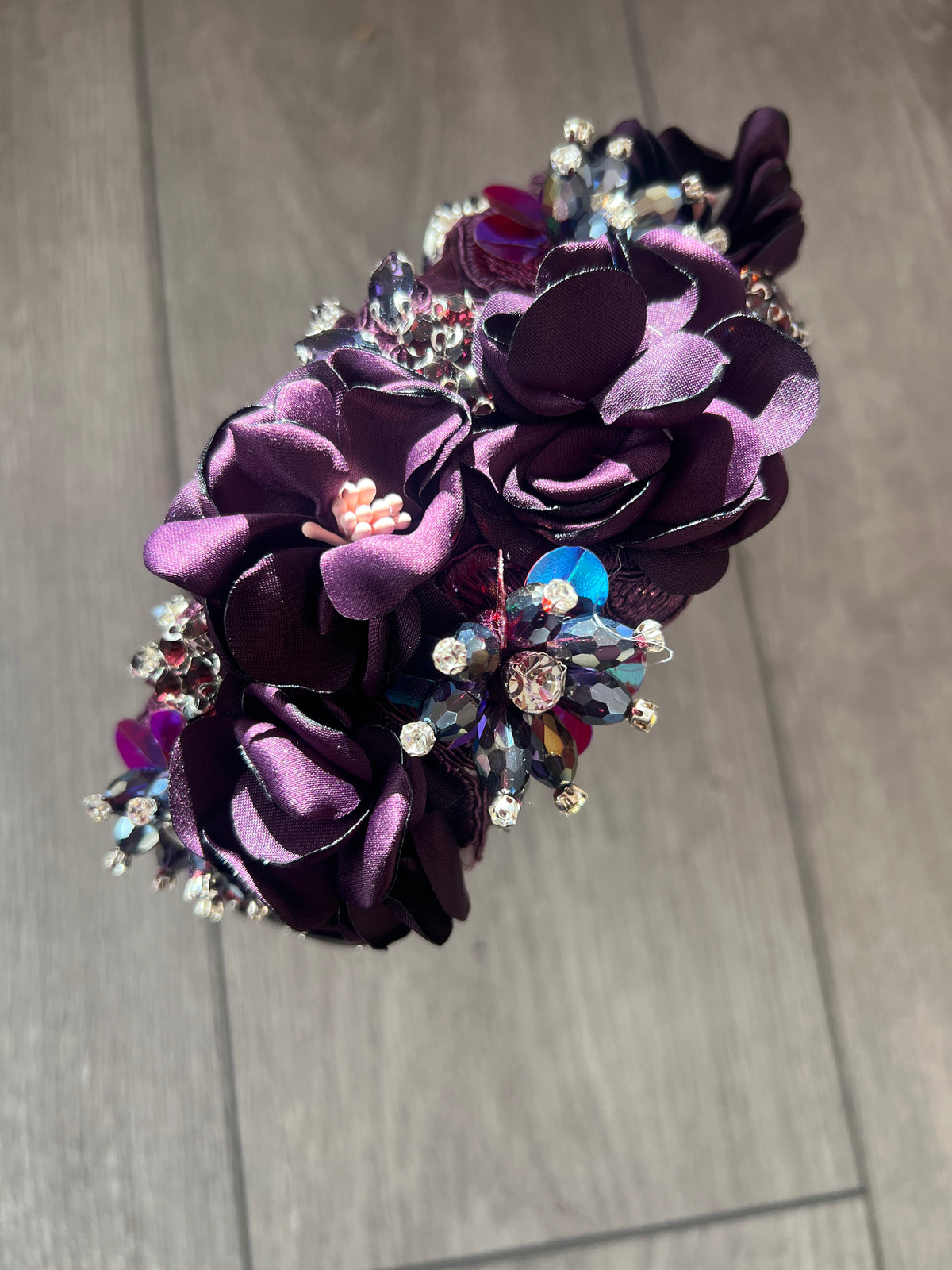 Blackcurrant Flower Headband With Beads &amp; Diamantes-Fascinators Direct