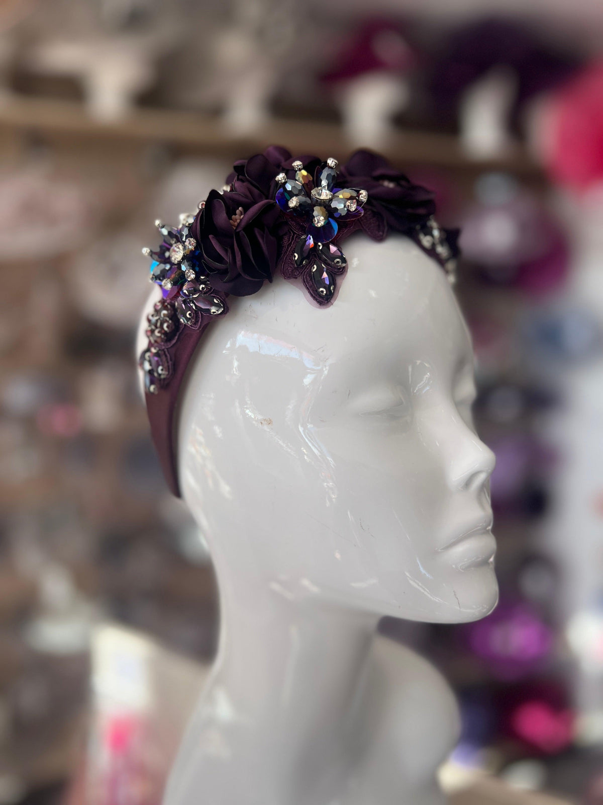 Blackcurrant Flower Headband With Beads &amp; Diamantes-Fascinators Direct