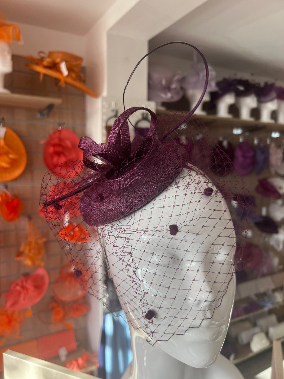 Blackcurrant Pillbox Hat with Veil &amp; Curled Quill-Fascinators Direct