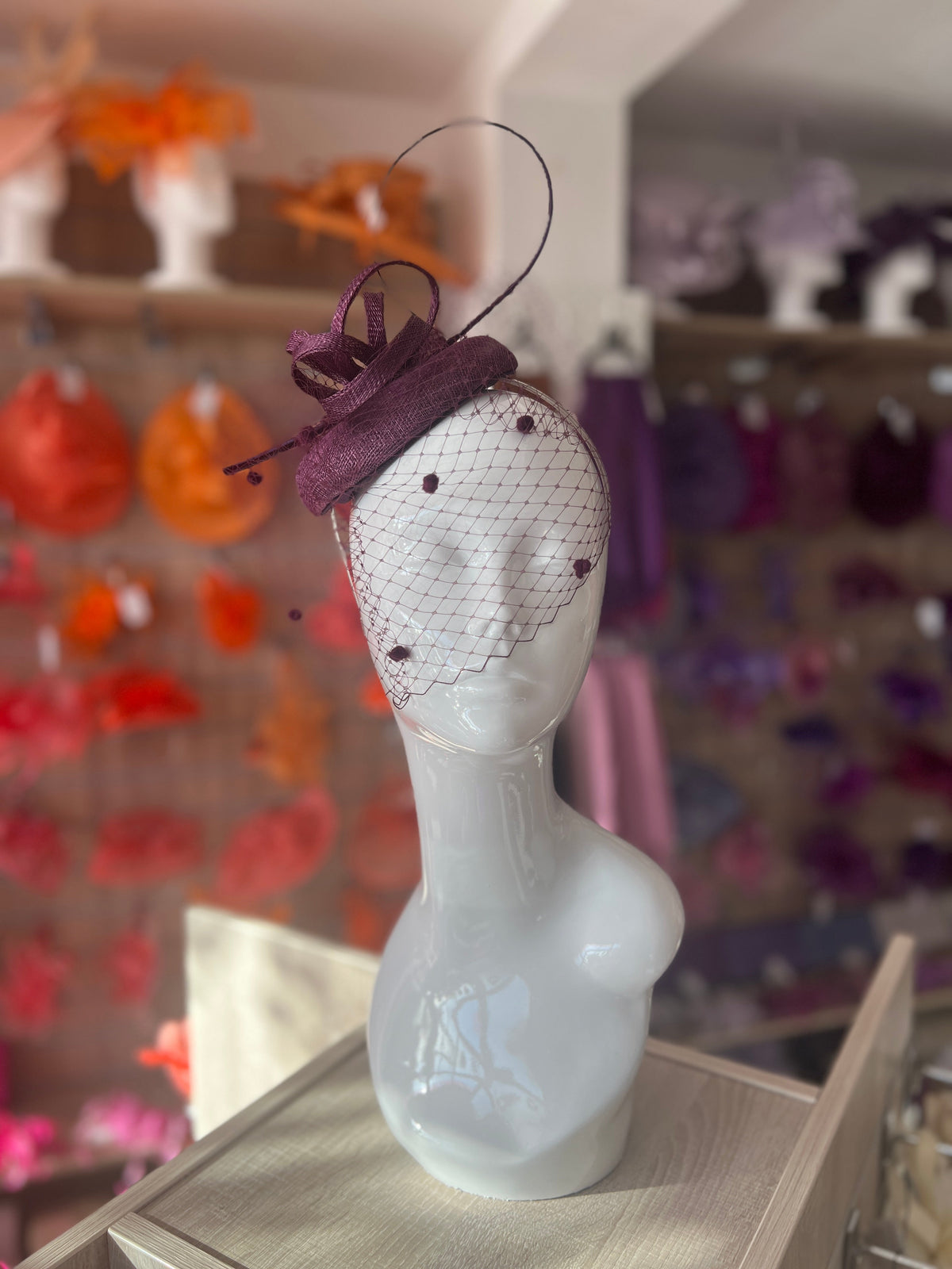 Blackcurrant Pillbox Hat with Veil &amp; Curled Quill-Fascinators Direct