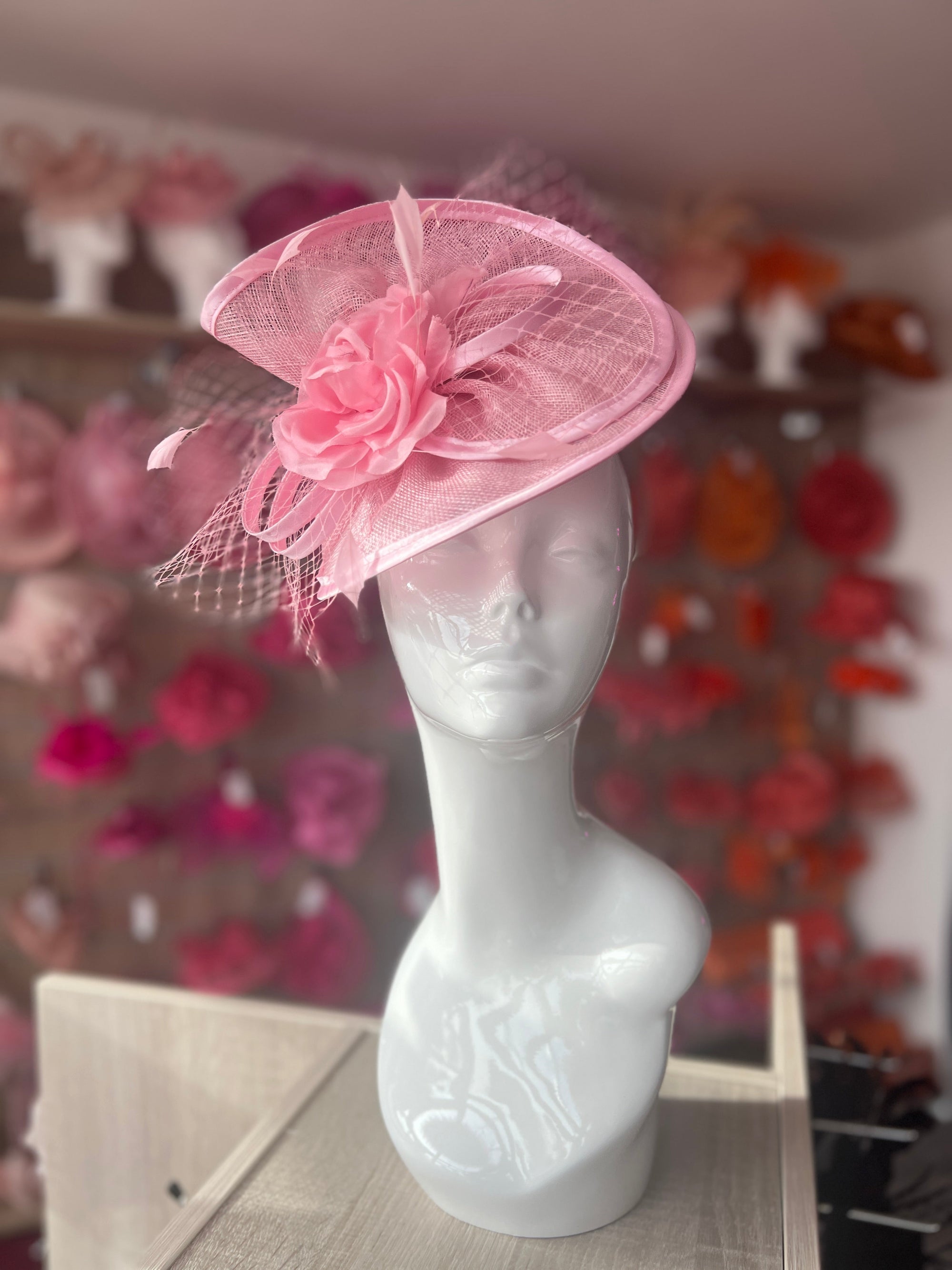 Blossom Disc Fascinator with Fabric Rose & Netting-Fascinators Direct