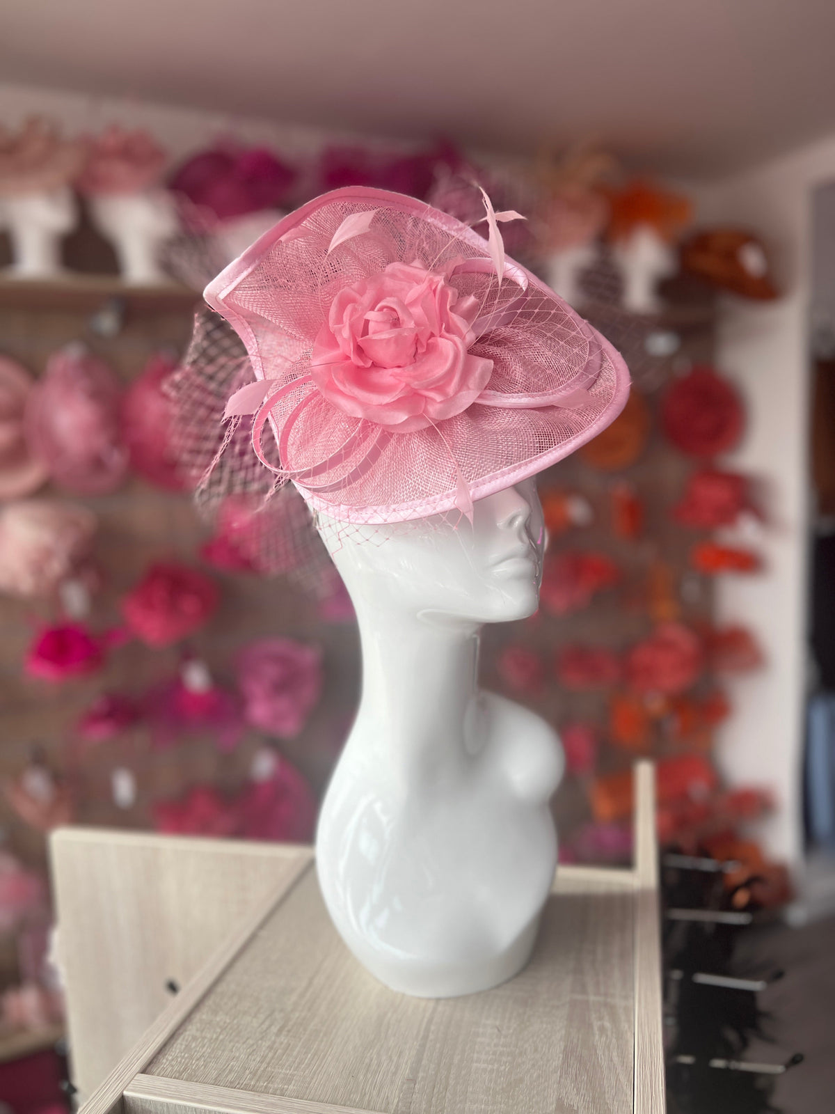 Blossom Disc Fascinator with Fabric Rose &amp; Netting-Fascinators Direct