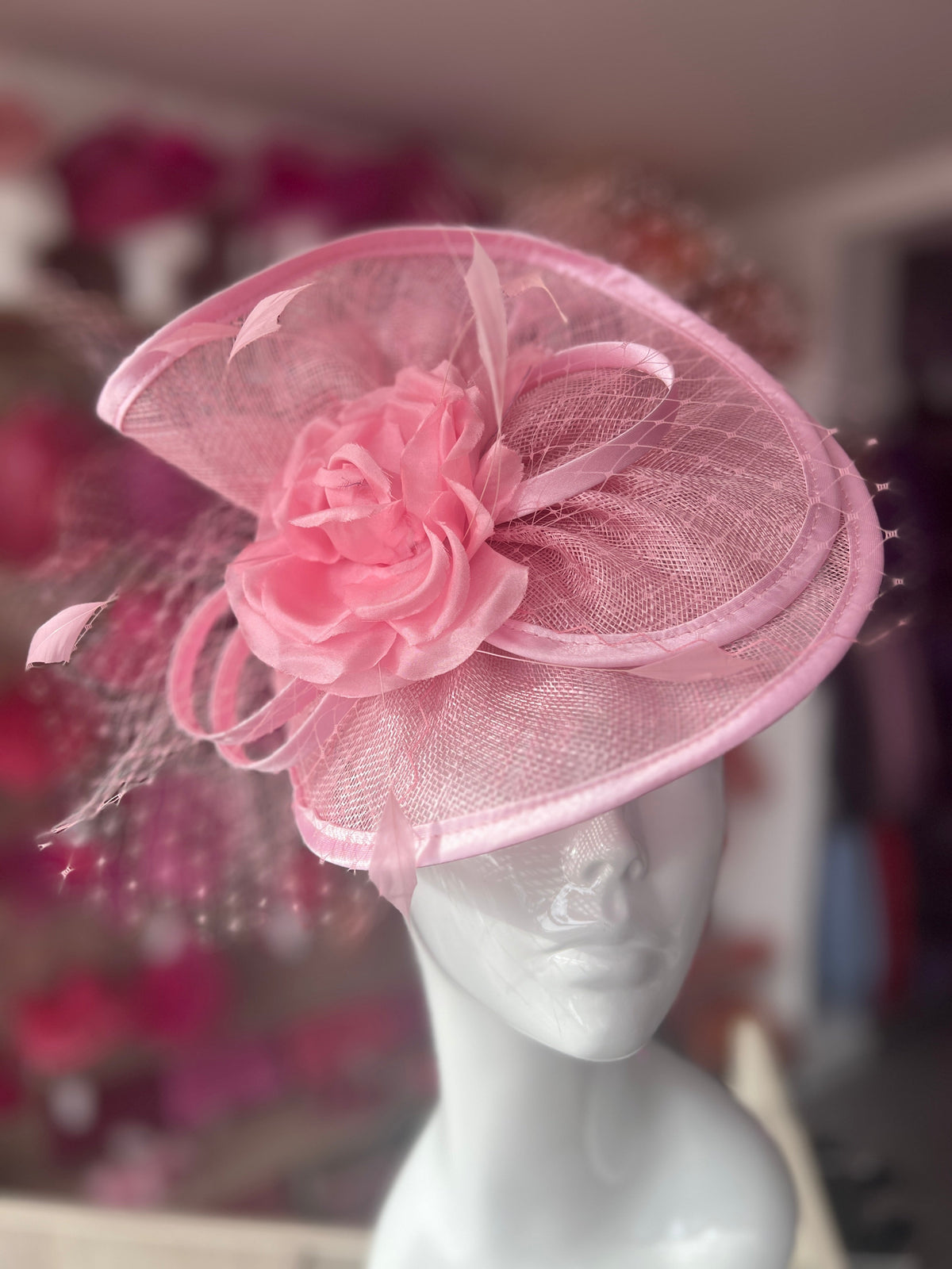 Blossom Disc Fascinator with Fabric Rose &amp; Netting-Fascinators Direct