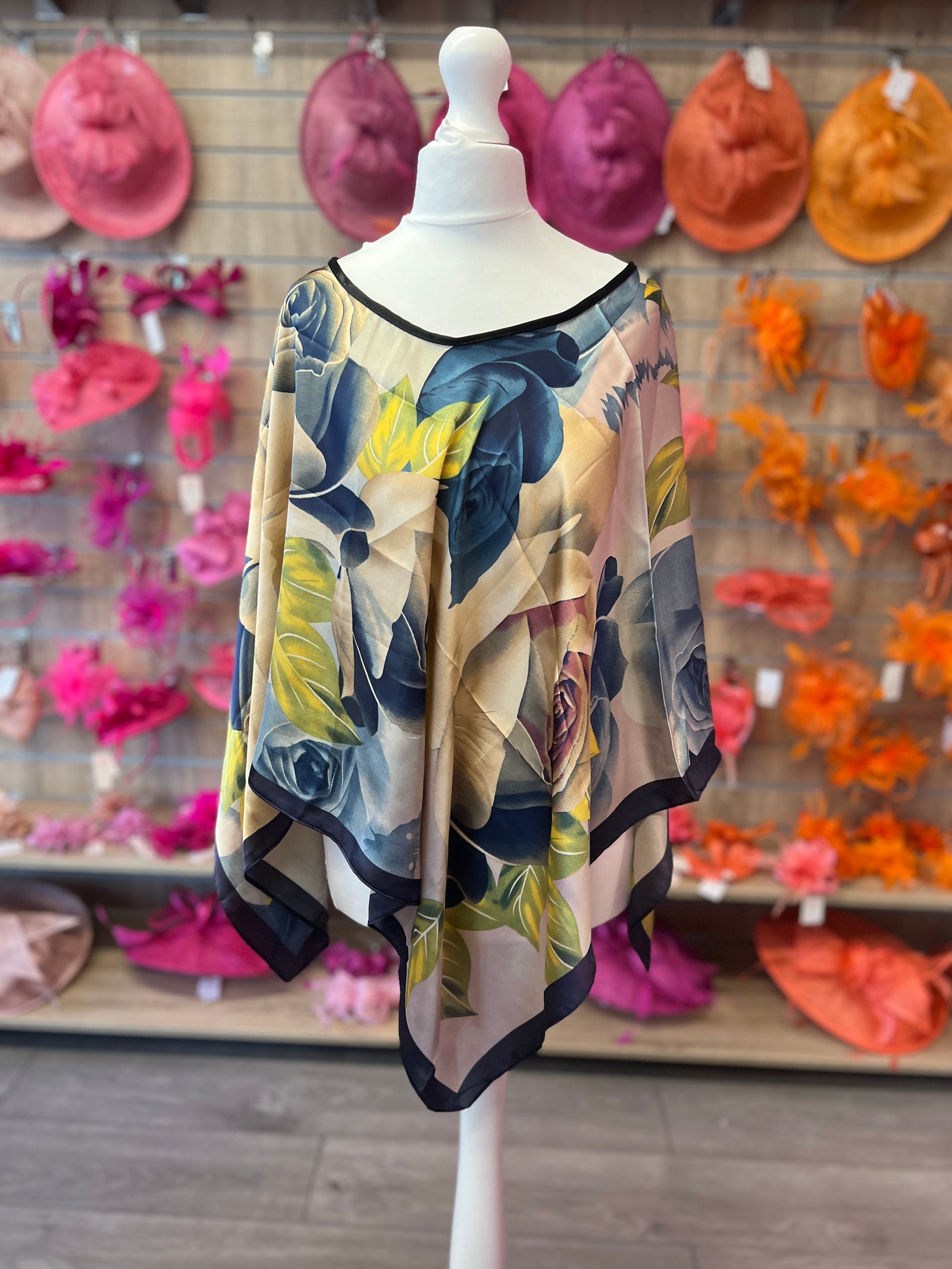 Blue & Beige Flower Silky Summer Poncho-Fascinators Direct