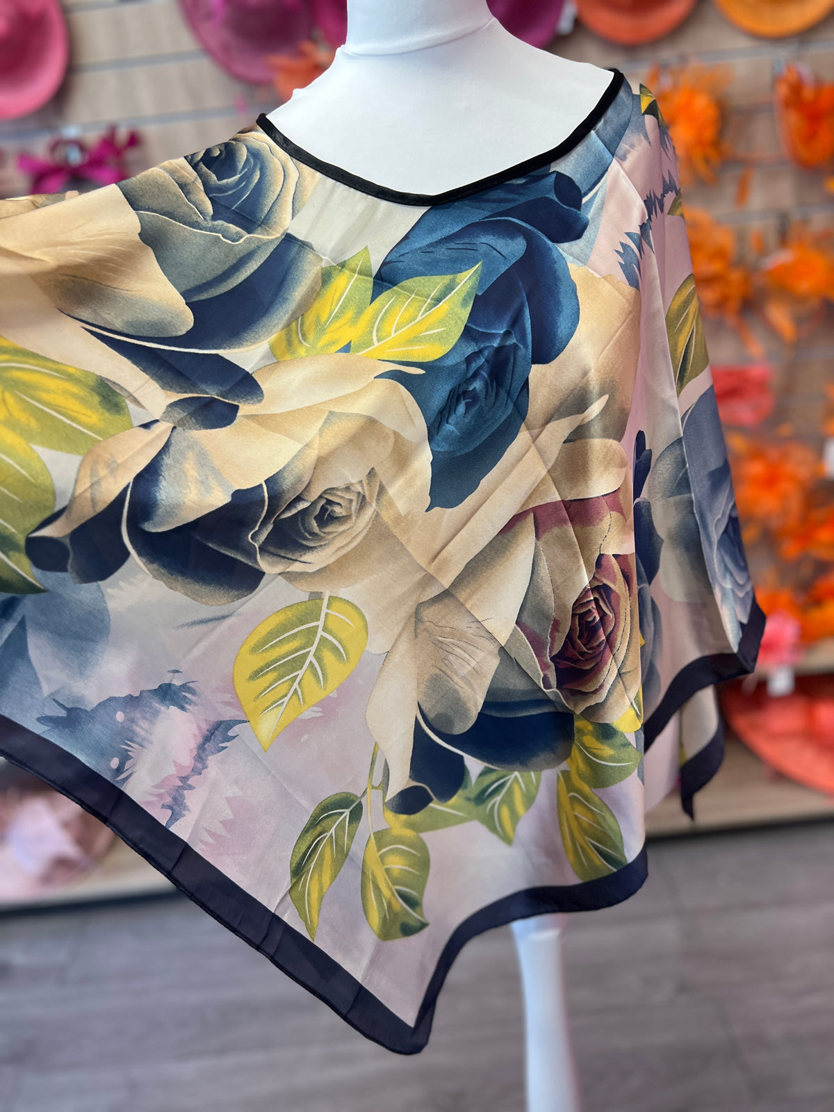 Blue &amp; Beige Flower Silky Summer Poncho-Fascinators Direct