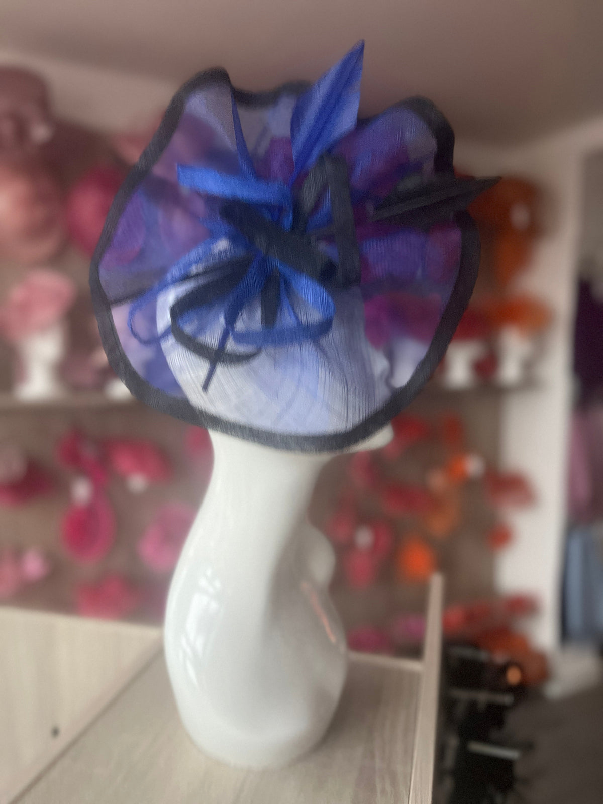 Blue &amp; Black Large Fascinator with Ruched Sinamay &amp; Feathers-Fascinators Direct