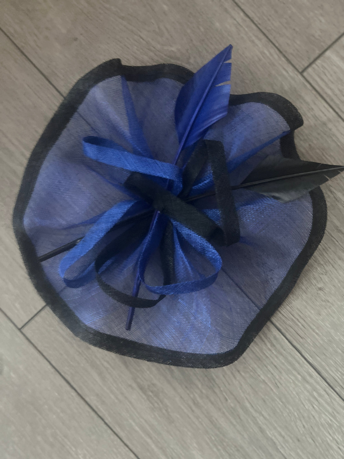 Blue &amp; Black Large Fascinator with Ruched Sinamay &amp; Feathers-Fascinators Direct