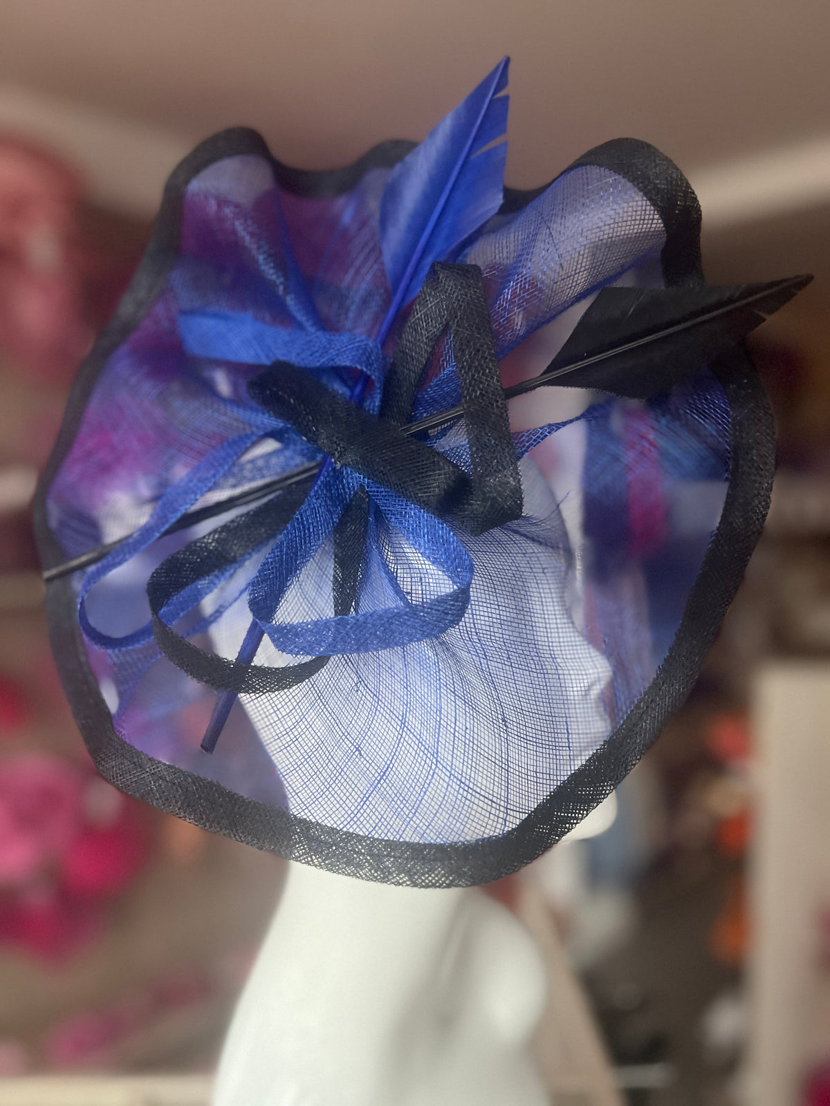 Blue &amp; Black Large Fascinator with Ruched Sinamay &amp; Feathers-Fascinators Direct