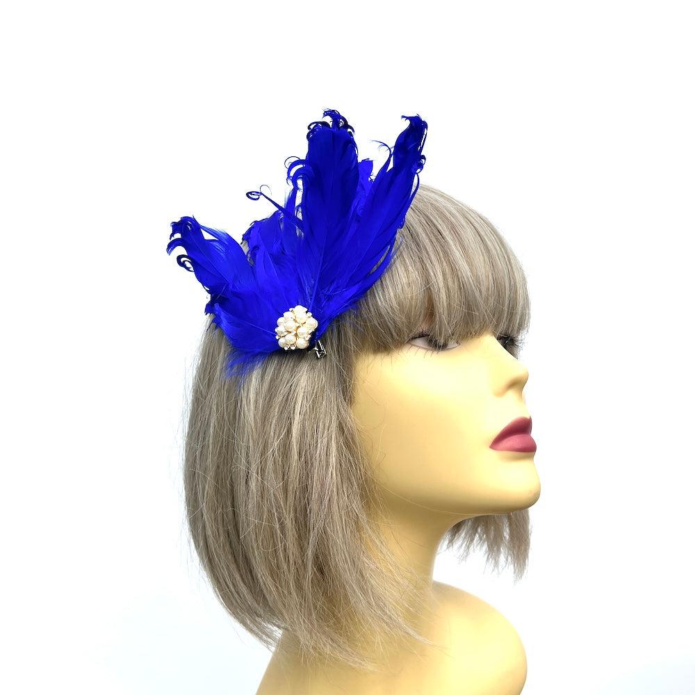 Blue Fascinator Clip with Vintage Feathers & Pearls-Fascinators Direct
