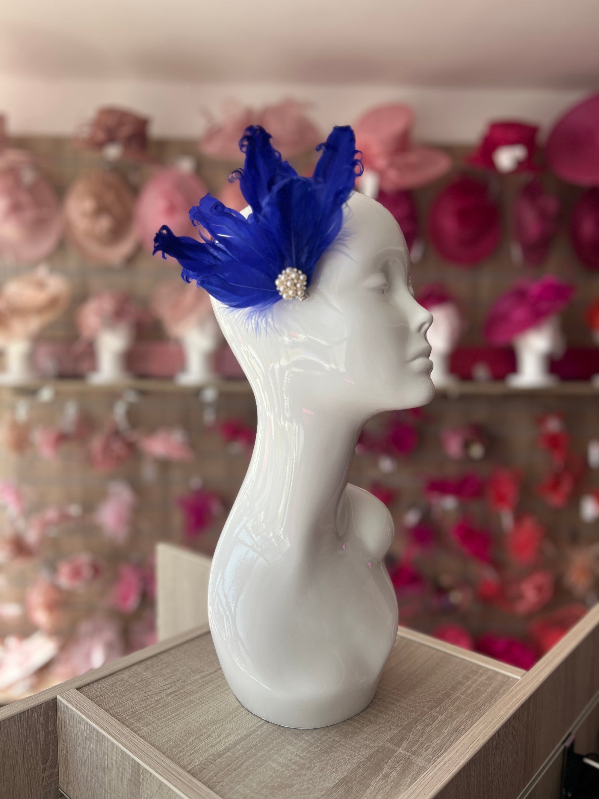 Blue Fascinator Clip with Vintage Feathers & Pearls-Fascinators Direct