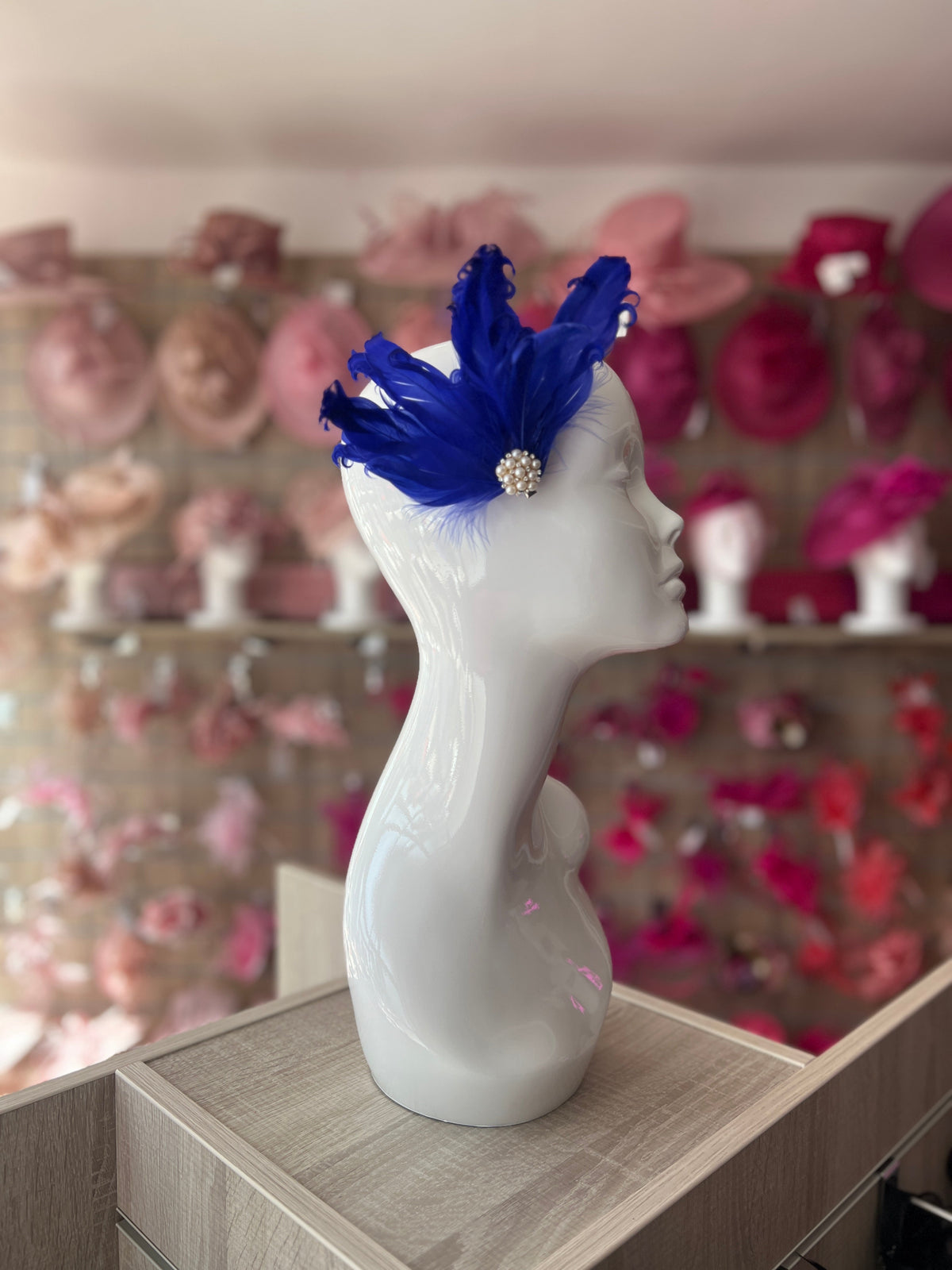 Blue Fascinator Clip with Vintage Feathers &amp; Pearls-Fascinators Direct