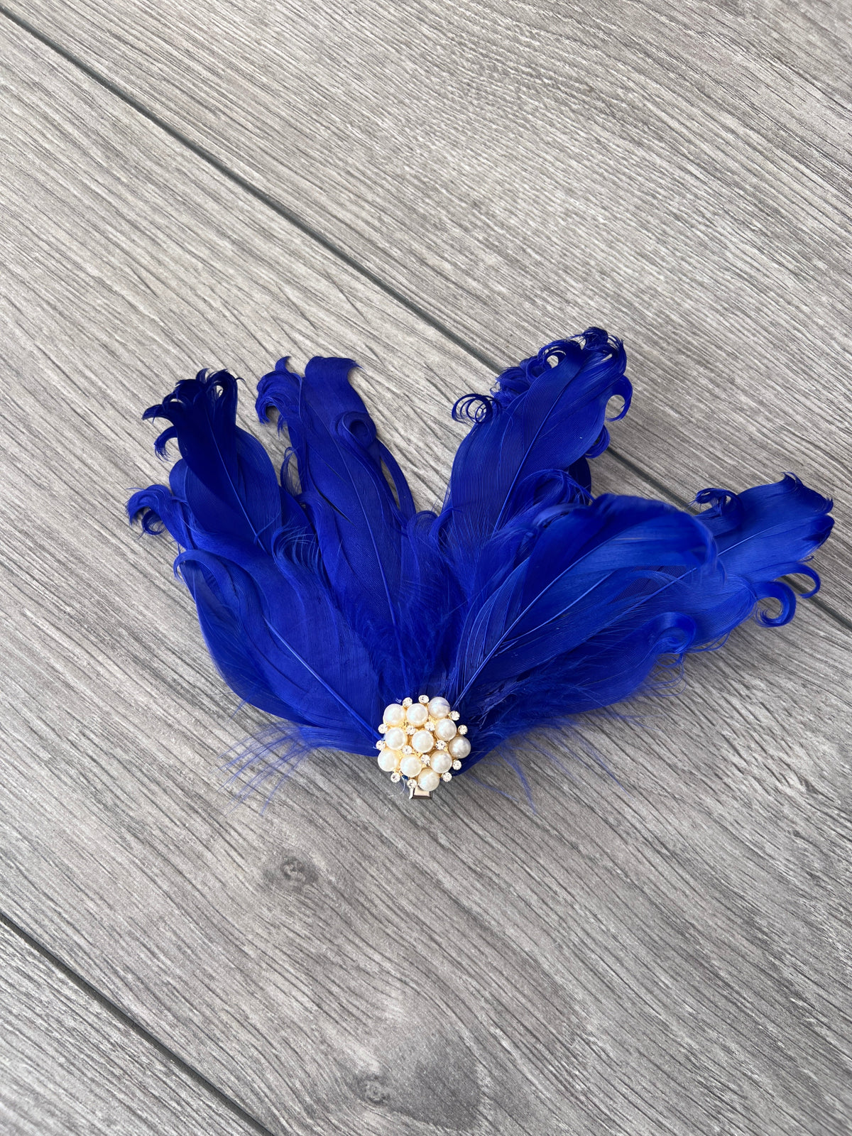 Blue Fascinator Clip with Vintage Feathers &amp; Pearls-Fascinators Direct