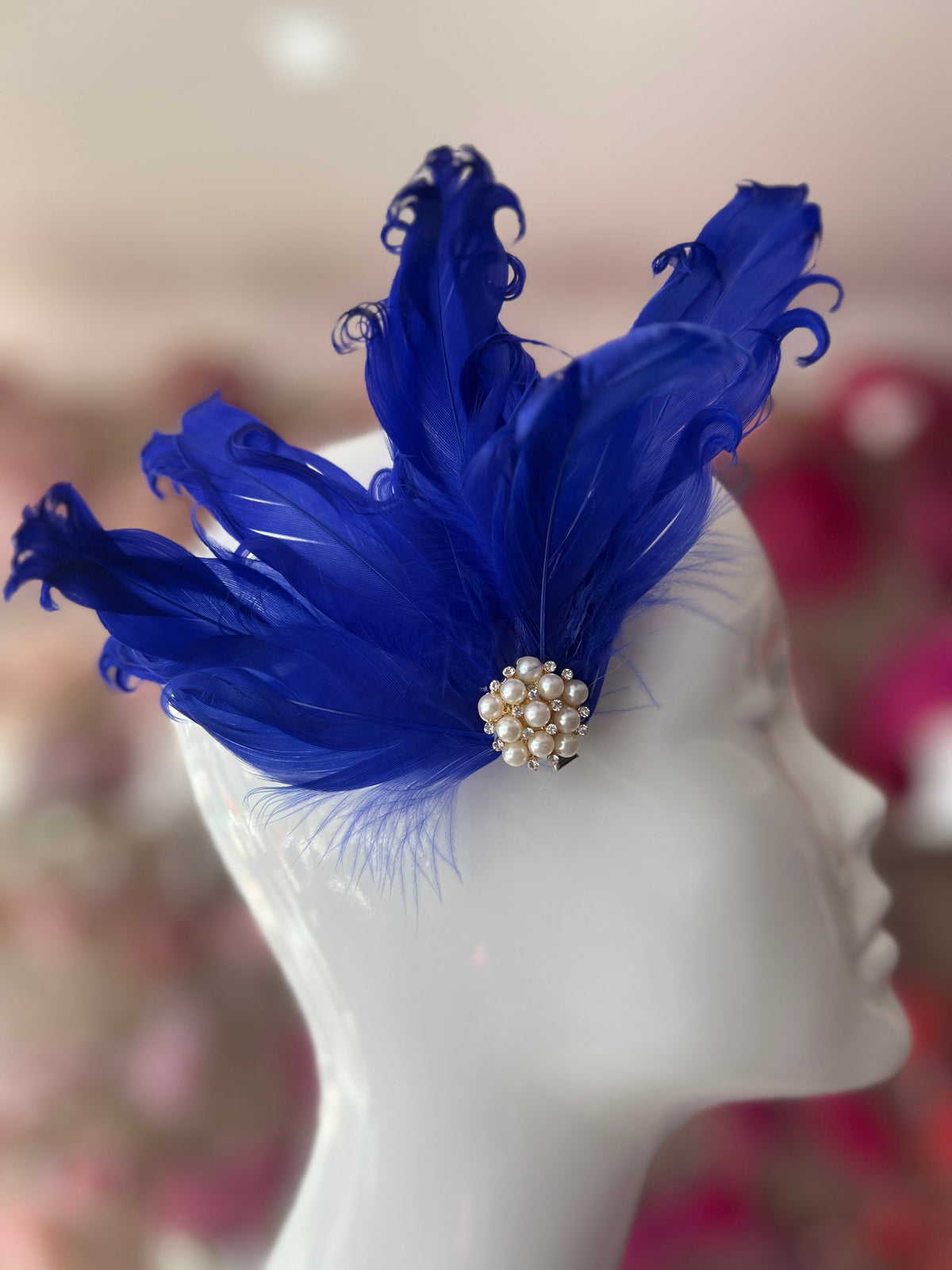Blue Fascinator Clip with Vintage Feathers &amp; Pearls-Fascinators Direct