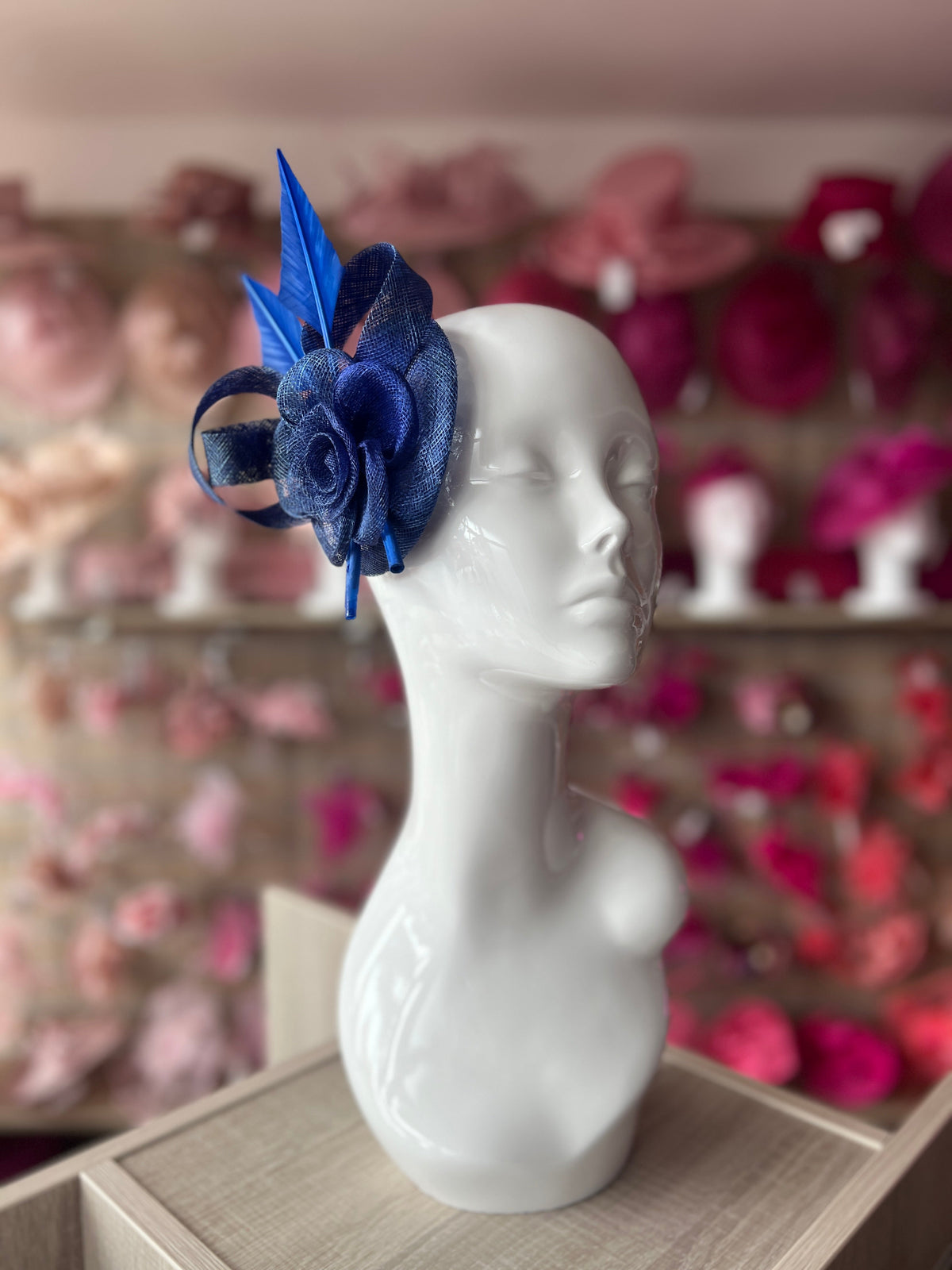 Blue Hair Fascinator with Sinamay Flower &amp; Feather Quill-Fascinators Direct