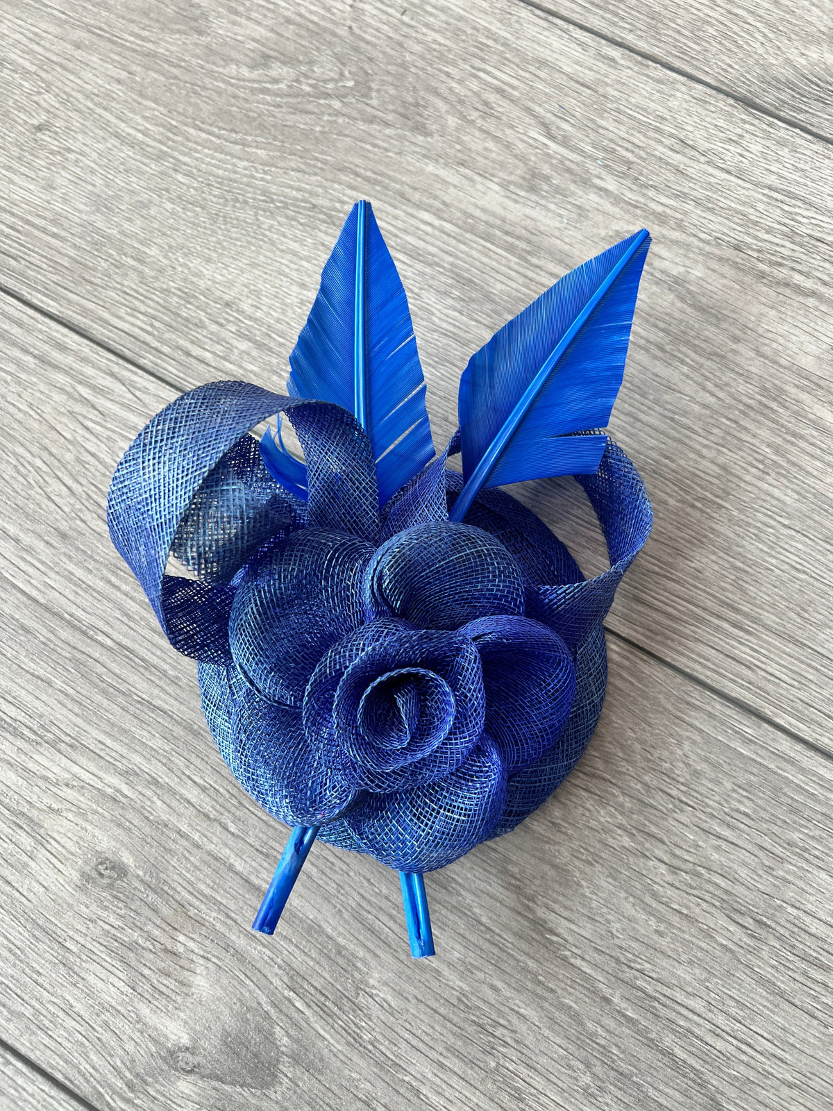 Blue Hair Fascinator with Sinamay Flower &amp; Feather Quill-Fascinators Direct