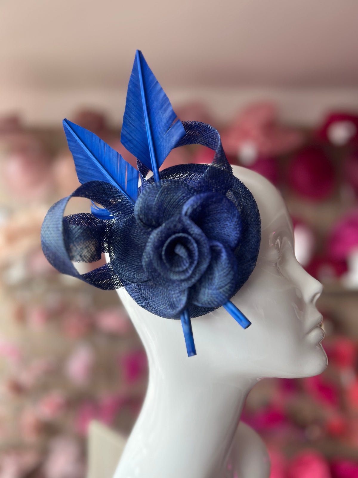 Blue Hair Fascinator with Sinamay Flower &amp; Feather Quill-Fascinators Direct