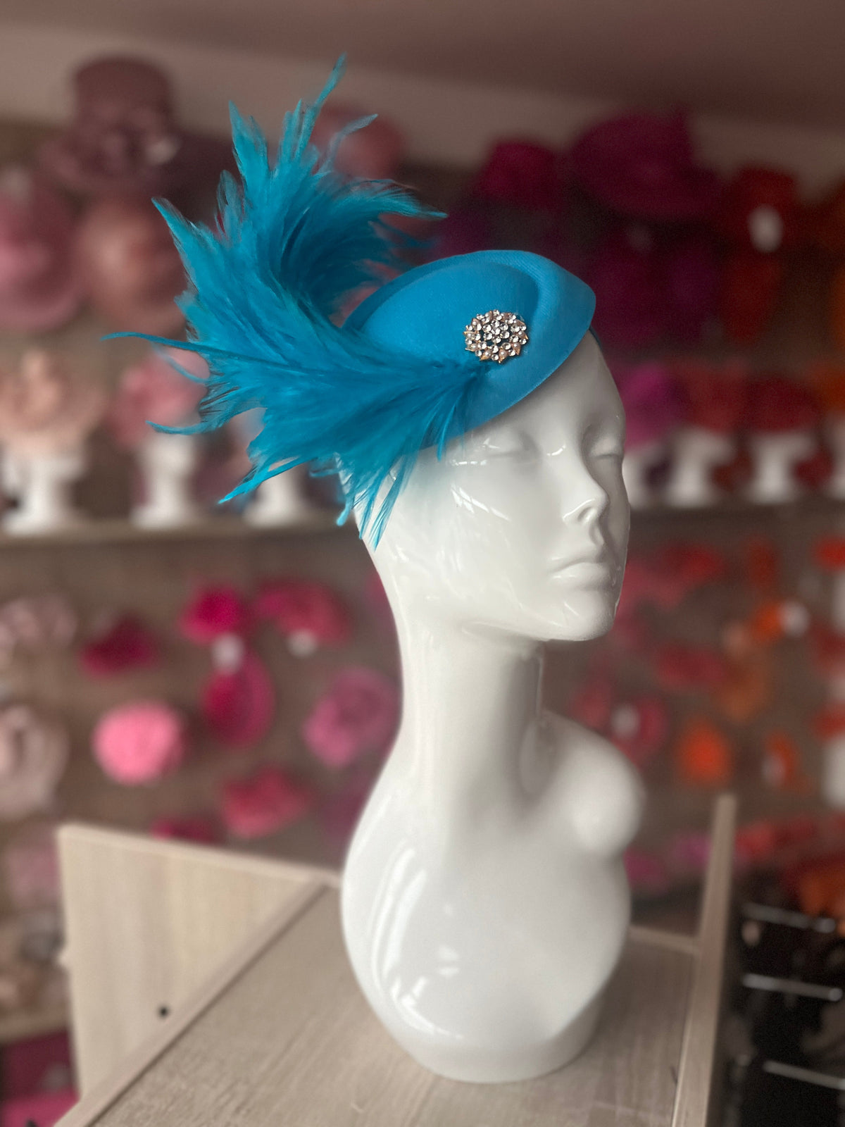Blue Pill Box Fascinator With Curled Feathers &amp; Diamante Embellishment-Fascinators Direct