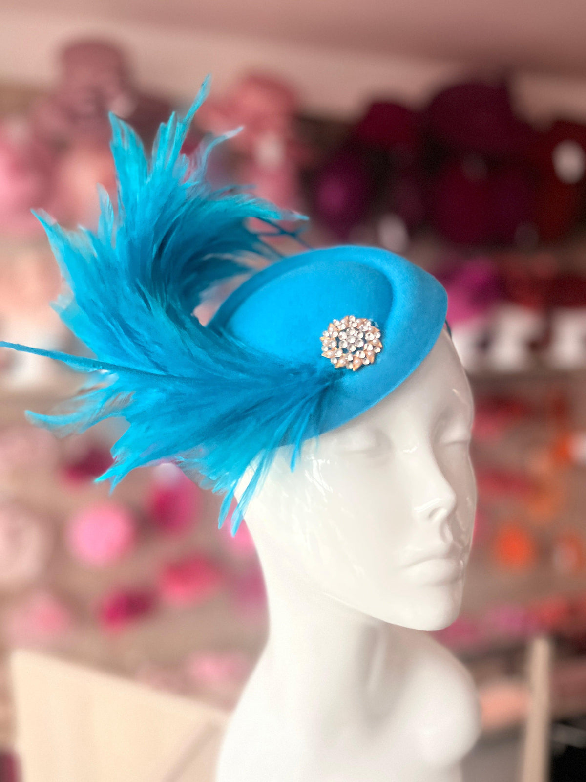 Blue Pill Box Fascinator With Curled Feathers &amp; Diamante Embellishment-Fascinators Direct