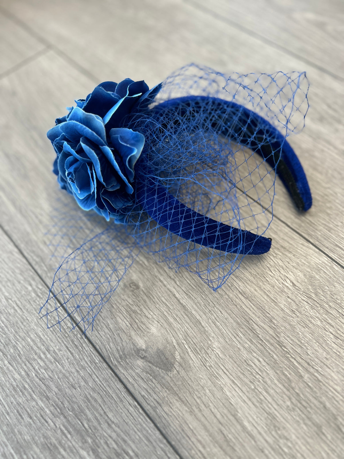 Blue Rose &amp; Netting Chunky Headband Fascinator-Fascinators Direct