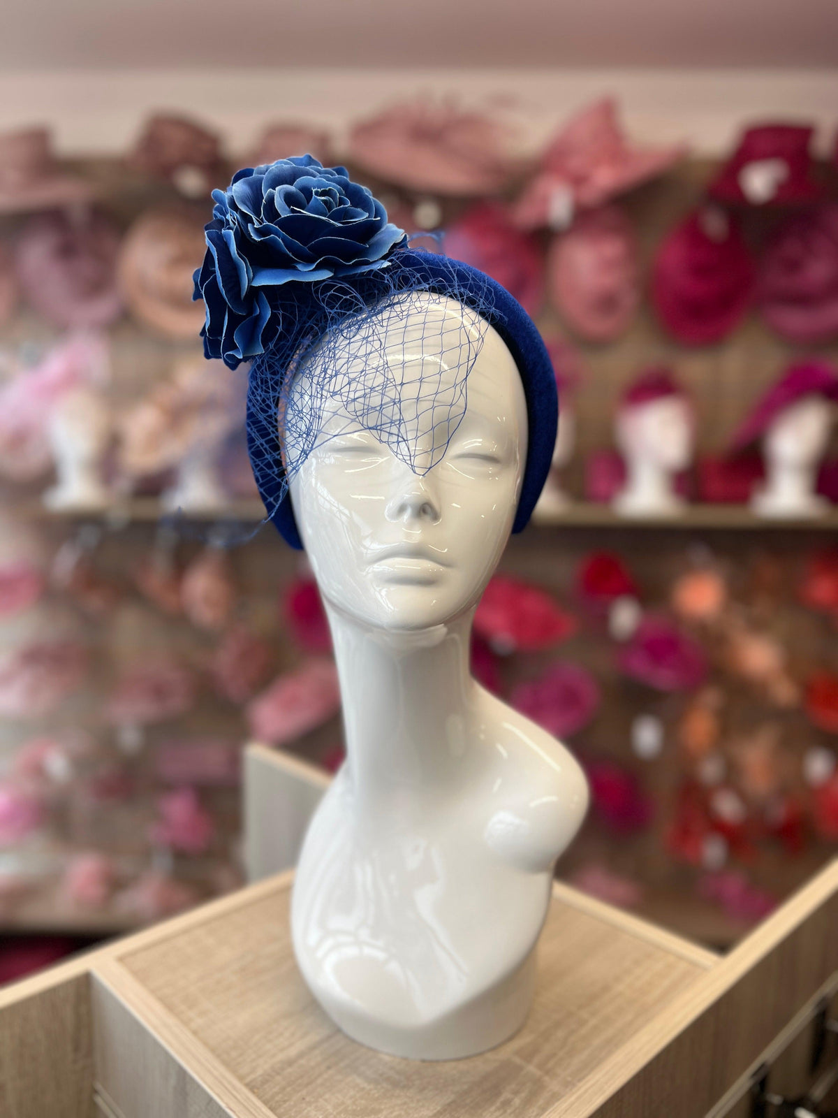 Blue Rose &amp; Netting Chunky Headband Fascinator-Fascinators Direct