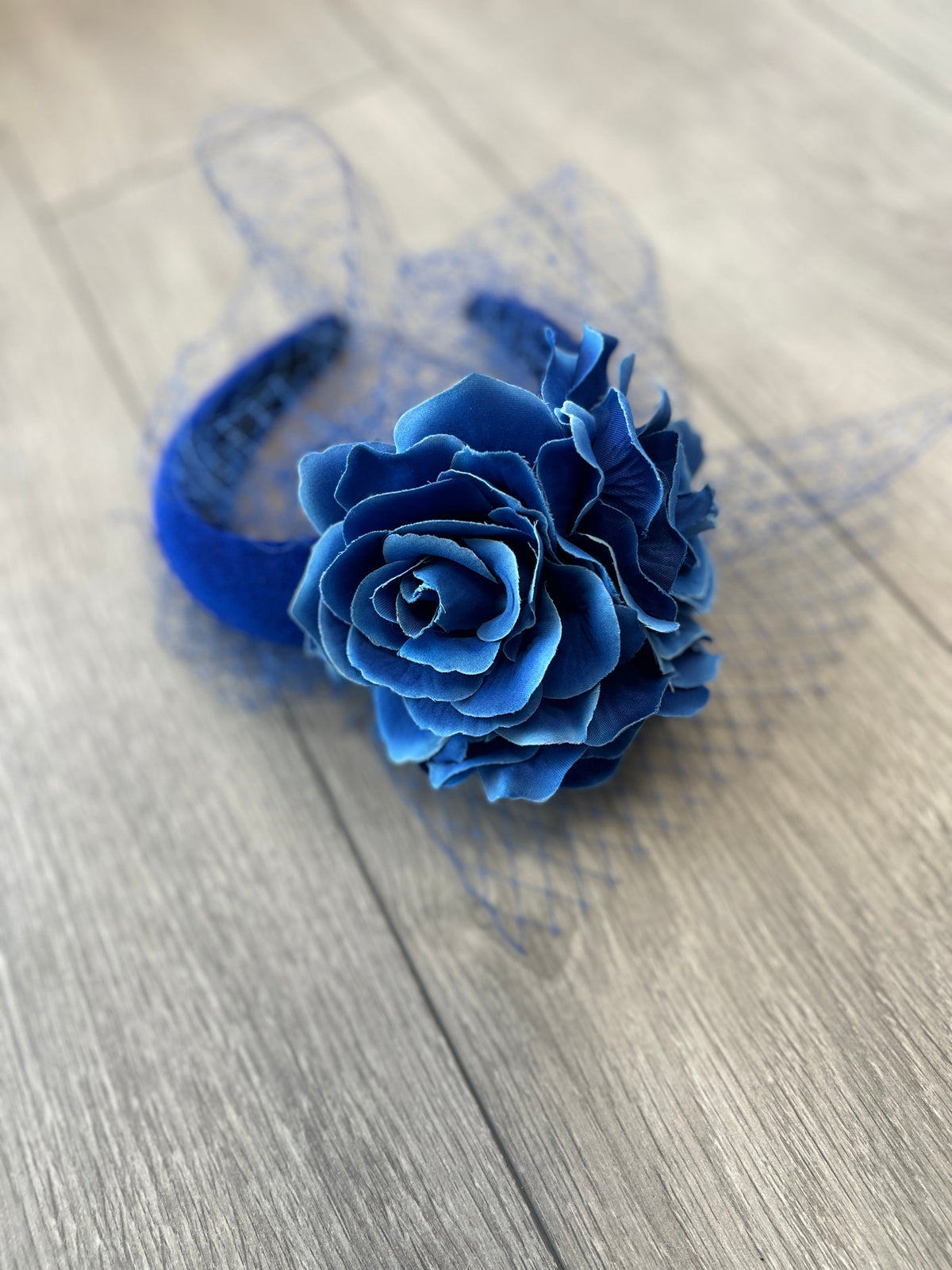 Blue Rose &amp; Netting Chunky Headband Fascinator-Fascinators Direct