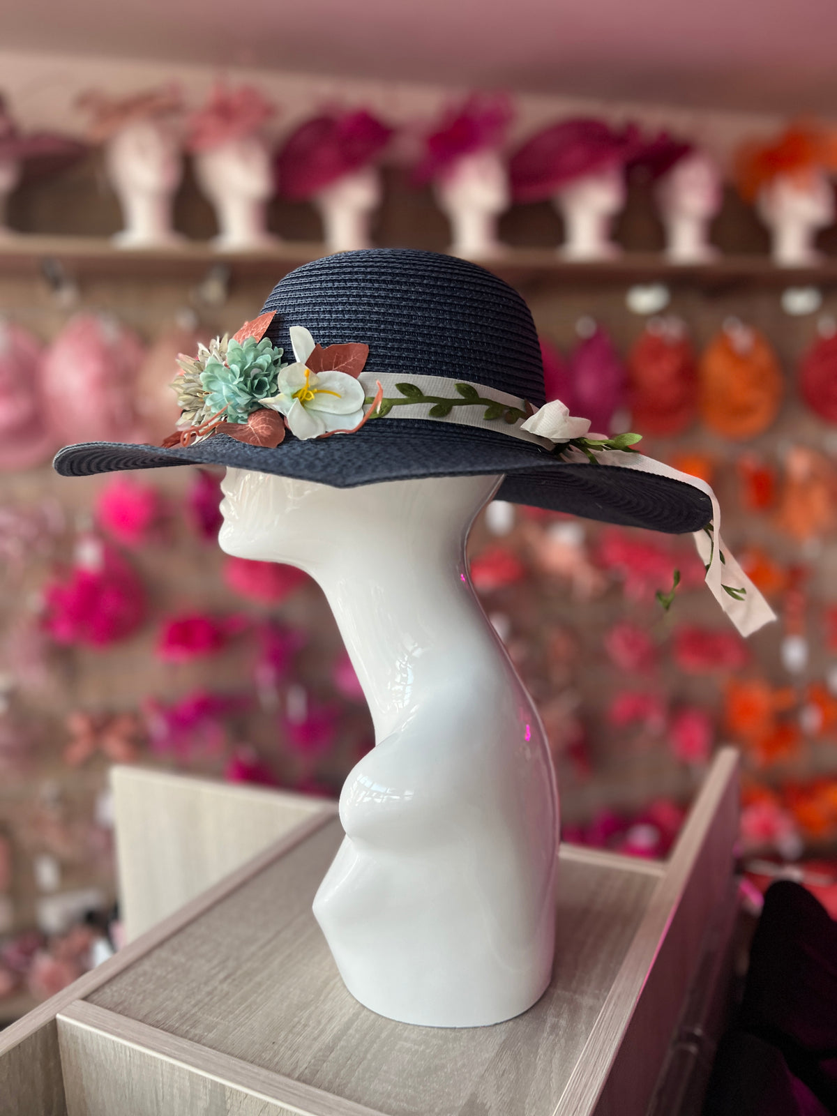 Blue Straw Sun Hat With Flowers &amp; Foliage-Fascinators Direct