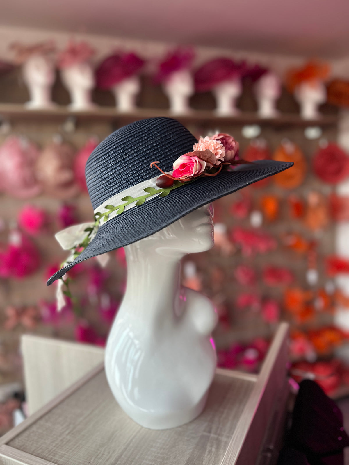 Blue Straw Sun Hat With Flowers &amp; Foliage-Fascinators Direct