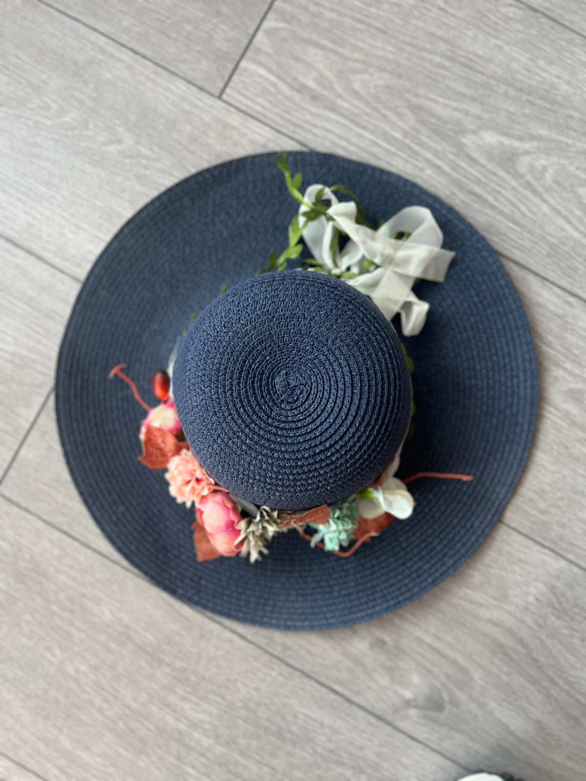 Blue Straw Sun Hat With Flowers &amp; Foliage-Fascinators Direct