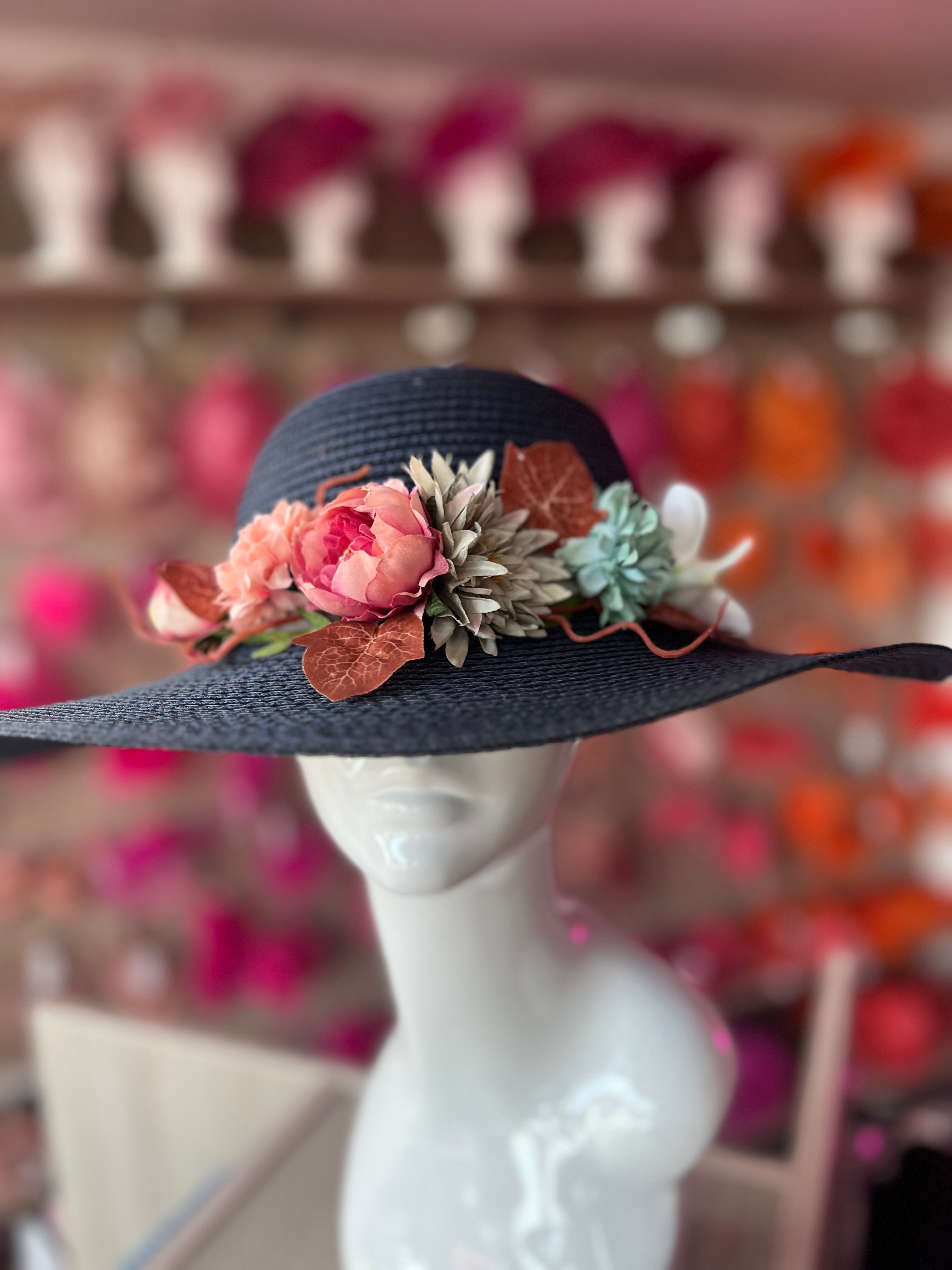 Blue Straw Sun Hat With Flowers Foliage - Main Image