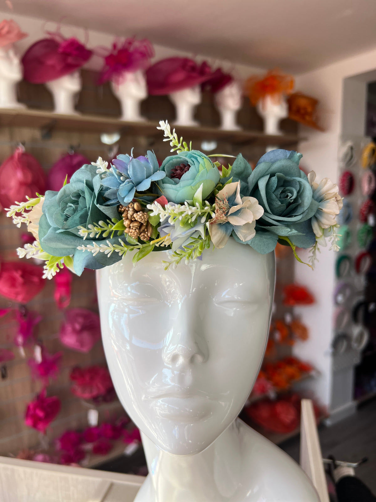 Blue Vintage Peony &amp; Rose Flower Crown Hair Garland-Fascinators Direct