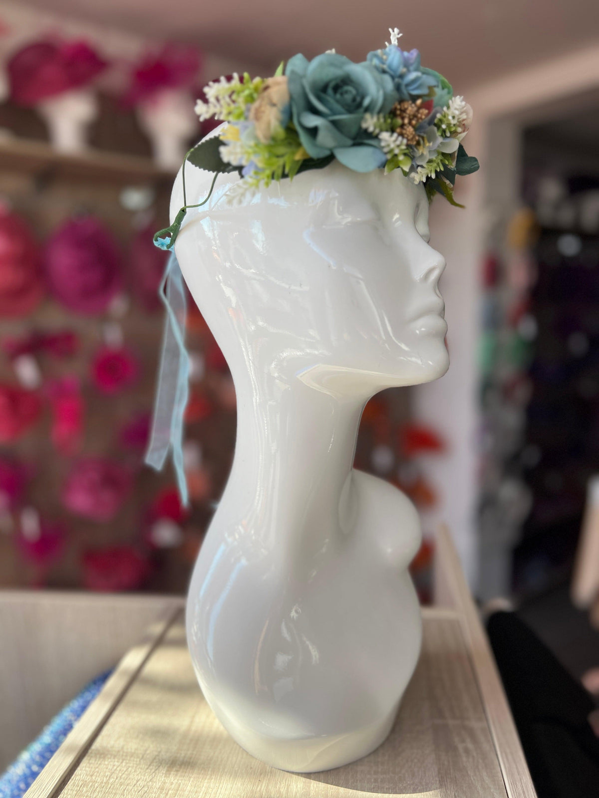 Blue Vintage Peony &amp; Rose Flower Crown Hair Garland-Fascinators Direct