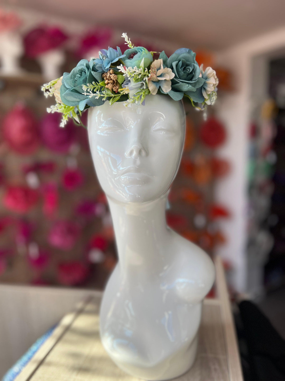 Blue Vintage Peony &amp; Rose Flower Crown Hair Garland-Fascinators Direct