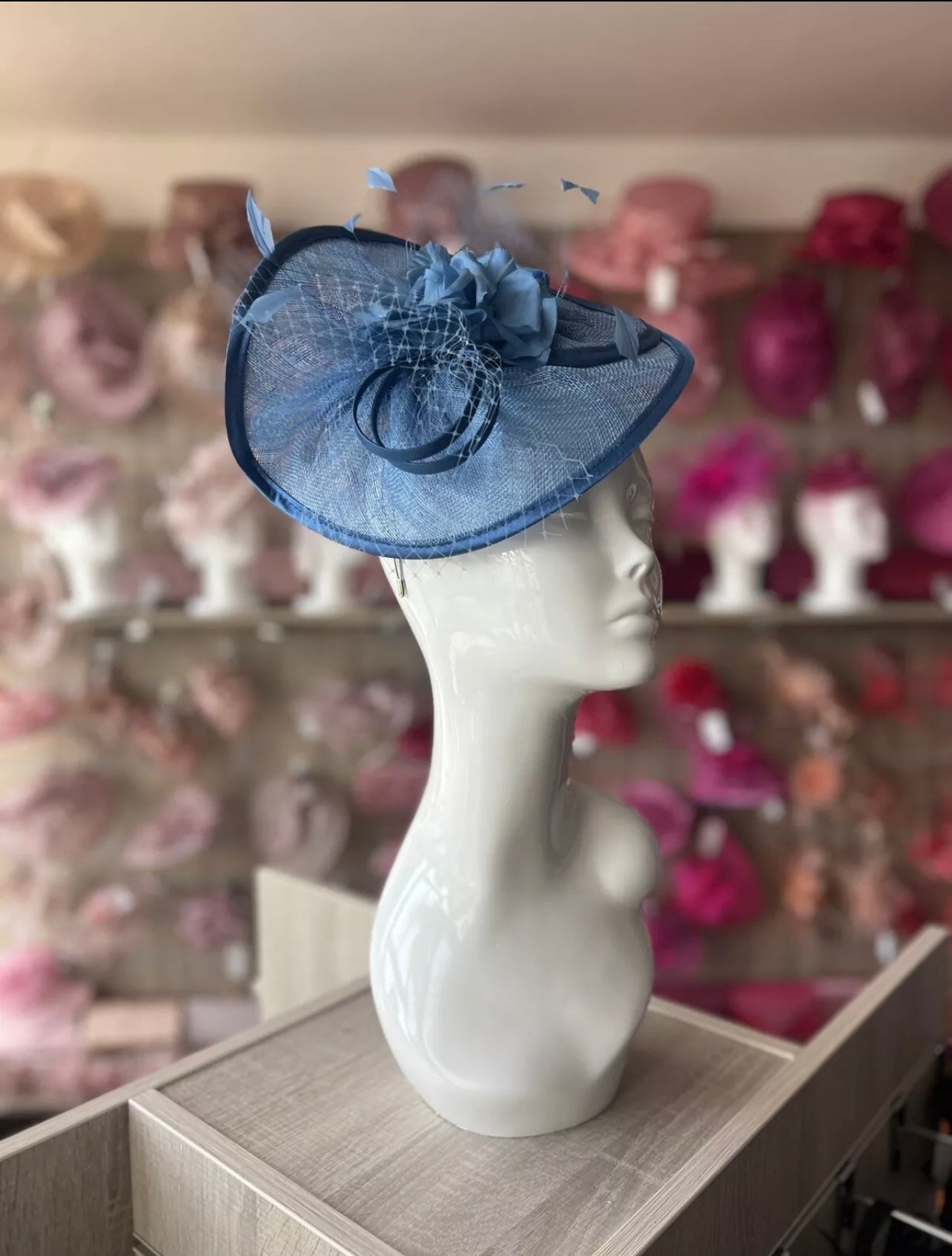 Bluebell Disc Fascinator with Fabric Rose & Netting-Fascinators Direct