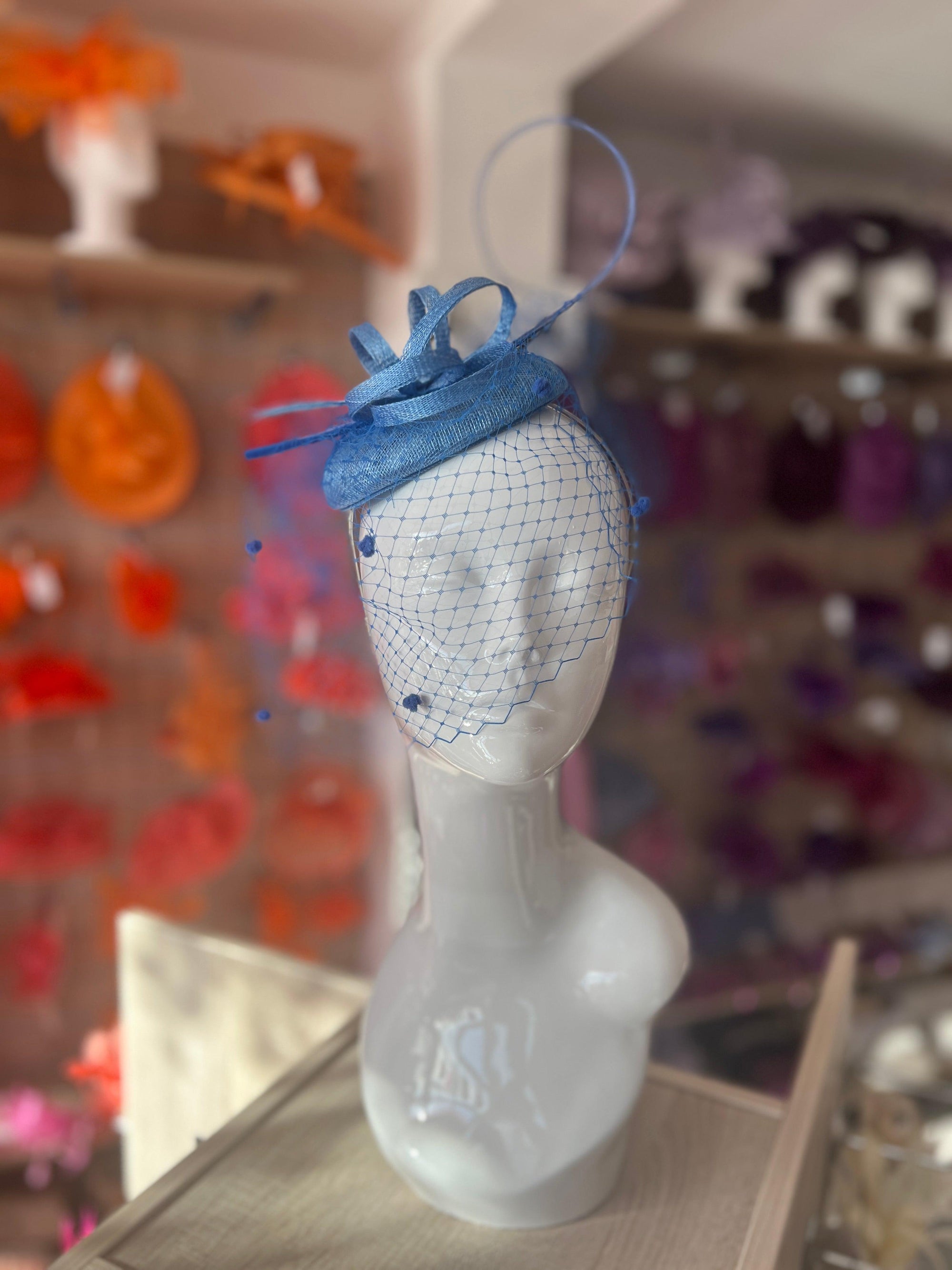 Bluebell Pillbox Hat with Veil & Curled Quill-Fascinators Direct