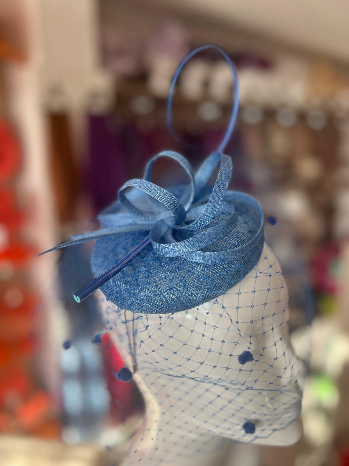 Bluebell Pillbox Hat with Veil &amp; Curled Quill-Fascinators Direct