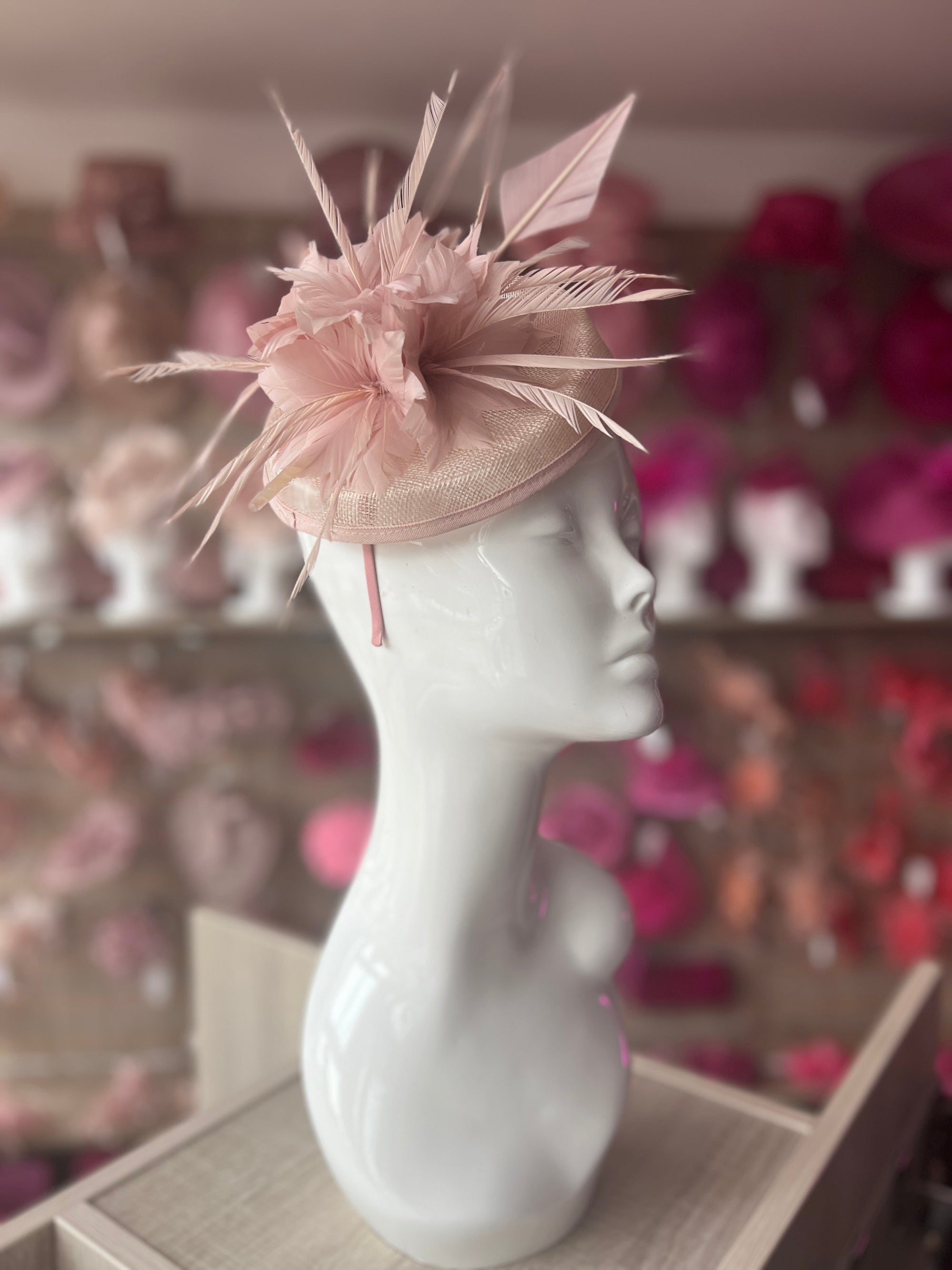 Blush Pillbox Fascinator With Feather Flowers & Feather Quill-Fascinators Direct